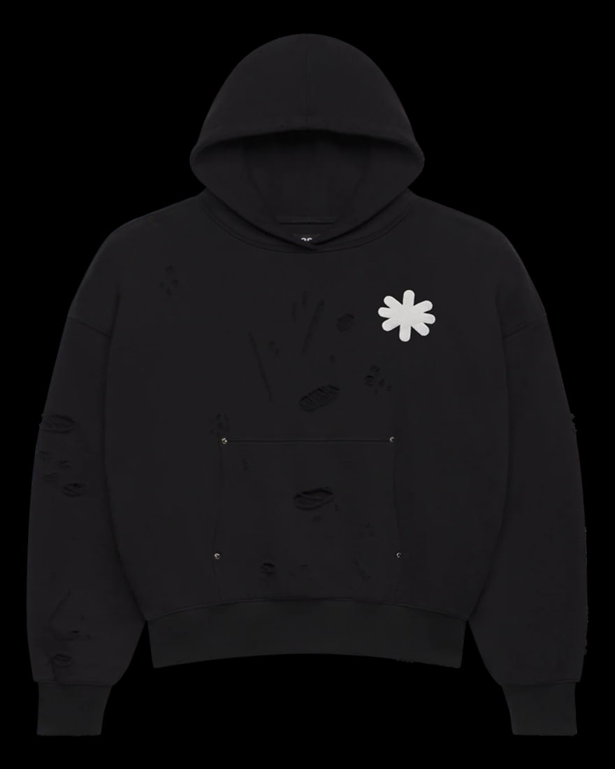 Black Cotton Hoodie with White Embroidered Lost Shdws Logo and Double Layers: Black Cotton Hoodie with White Embroidered Lost Shdws Logo and Double Layers This Lost Shdws Dstry Dbl Layer Logo Black Hoodie is crafted from 100% cotton and features a distinctive hand-distressed fi