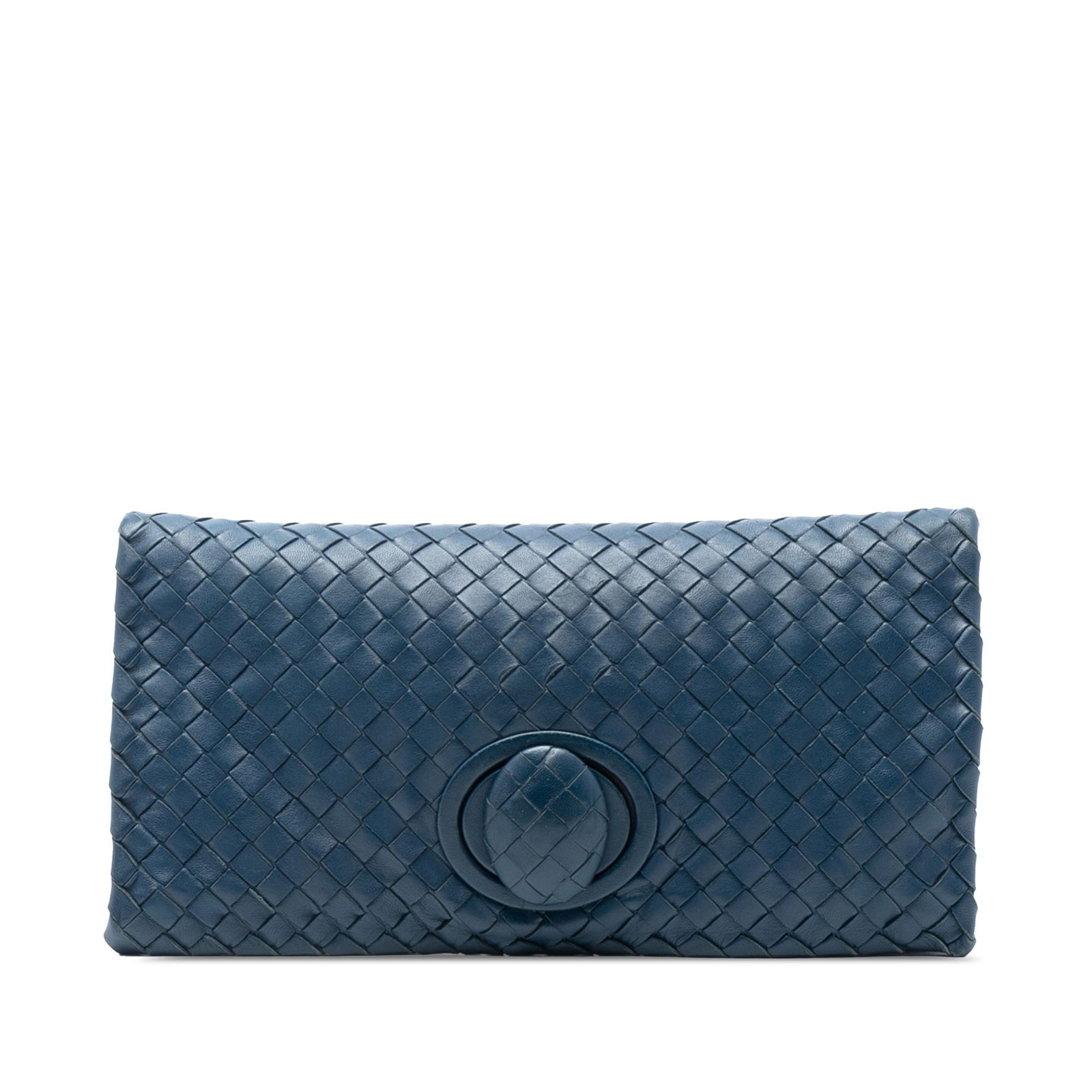 Blue woven leather clutch by Bottega Veneta with turn lock closure (1 of 8)