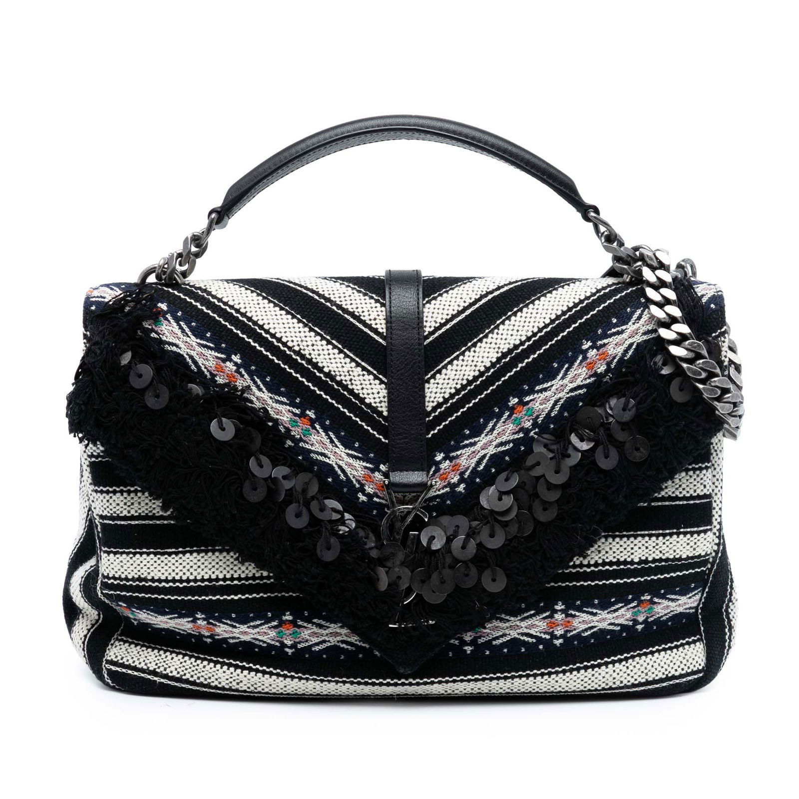 Saint Laurent Chevron Berber Monogram Wool College Satchel with Fringe: Saint Laurent Chevron Berber Monogram Wool College Satchel with Fringe This Saint Laurent Large Chevron Berber Monogram College Satchel features a wool body with leather trim, accented by fringe and s