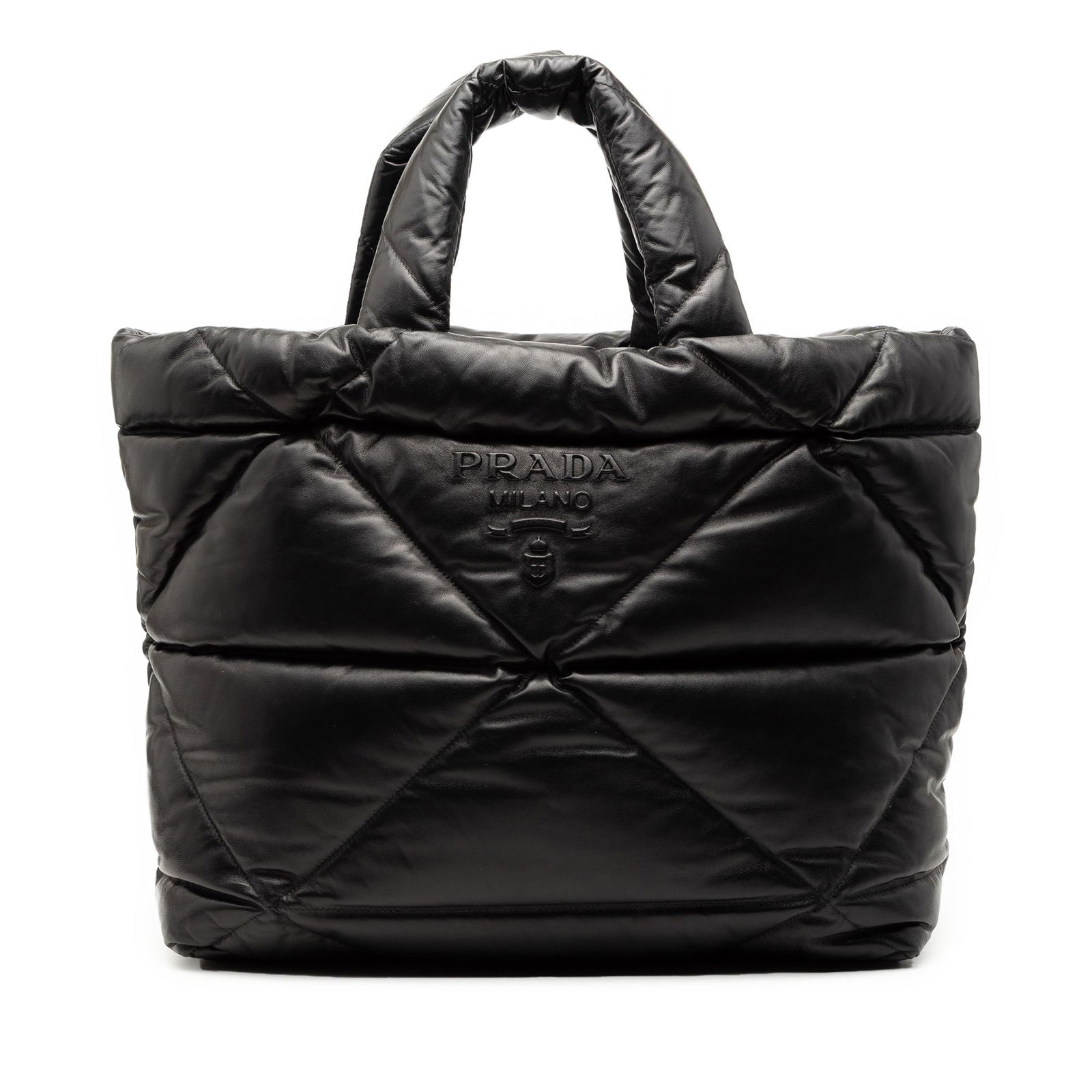 Black Nappa Leather Quilted Padded Tote by Prada: Black Nappa Leather Quilted Padded Tote by Prada This Prada Large Quilted Nappa Padded Tote features a padded nappa leather body with rolled leather handles and an open top. The spacious interior is e
