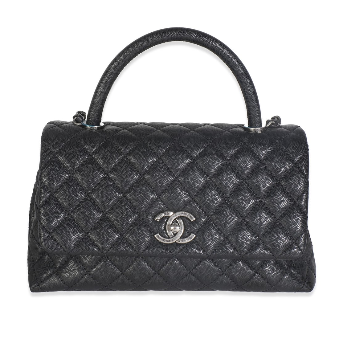 Chanel Medium Coco Top Handle Bag Black Caviar Leather 2015-2016: Chanel Medium Coco Top Handle Bag Black Caviar Leather 2015-2016 This exquisite Chanel Medium Coco Top Handle Handbag is crafted from luxurious black quilted caviar leather, showcasing the brand's ico