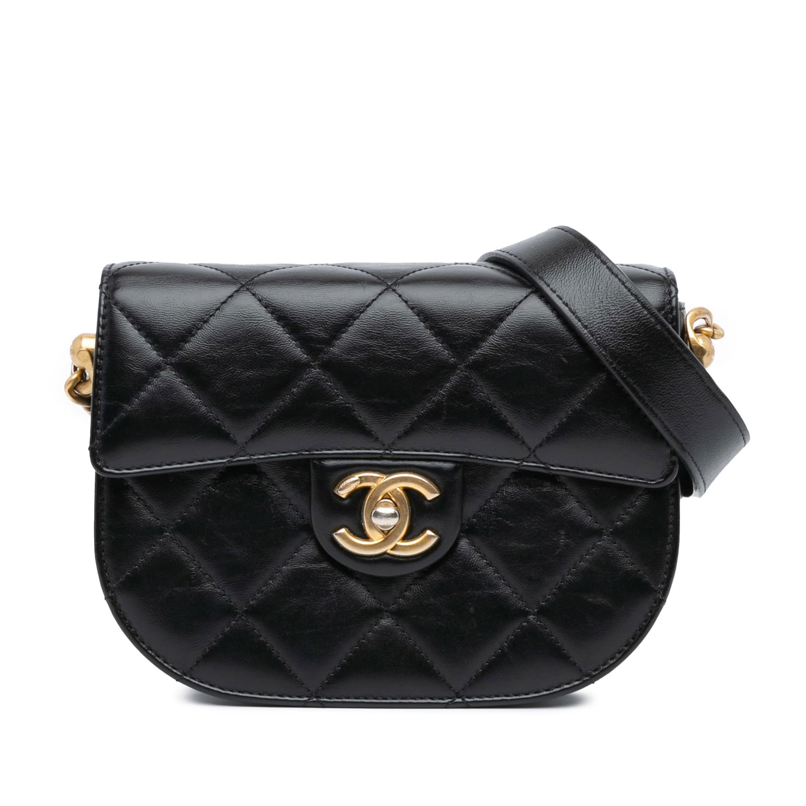 Chanel CC Quilted Calfskin Round Moon Messenger Bag Black: Chanel CC Quilted Calfskin Round Moon Messenger Bag Black The Chanel CC Quilted Calfskin Round Moon Messenger Flap is a stylish crossbody bag crafted from luxurious quilted lambskin leather. It featur