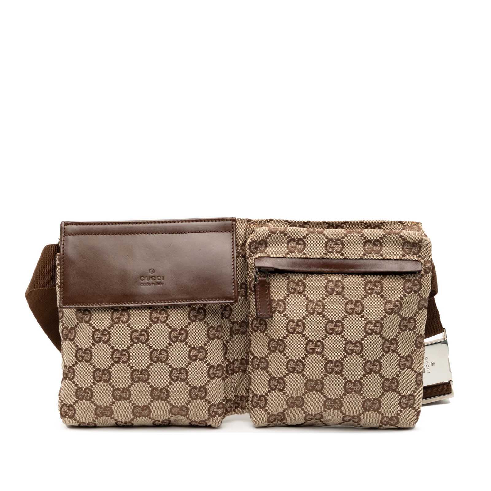 Gucci Brown GG Canvas Waist Bag with Dual Front Pockets: Gucci Brown GG Canvas Waist Bag with Dual Front Pockets This Gucci GG Canvas Double Pocket Belt Bag features a canvas body with leather trim and an adjustable flat waist strap. It includes exterior fr