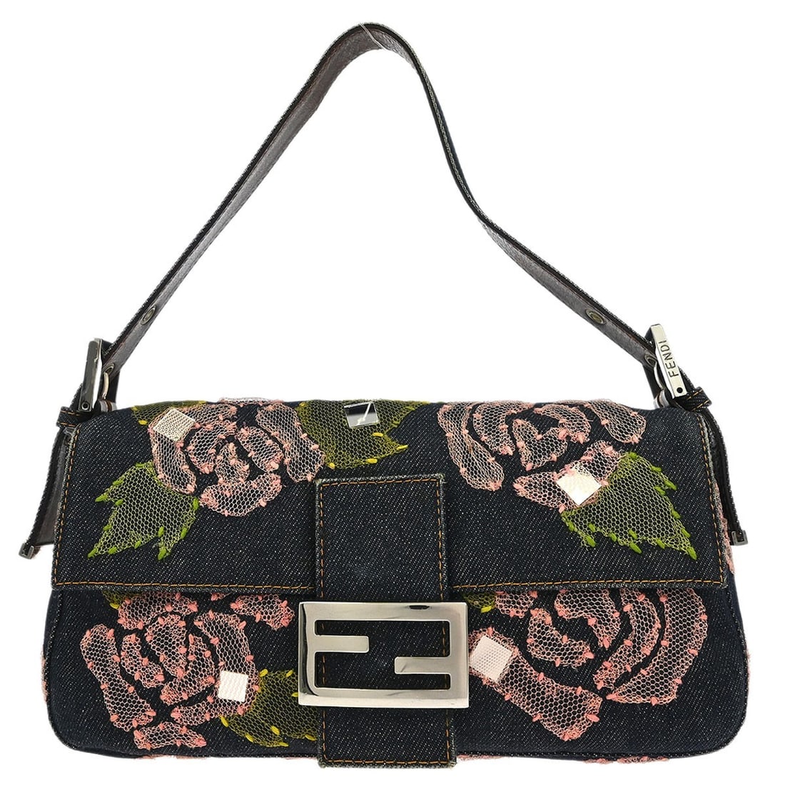 Fendi Navy Denim Floral Baguette Handbag 2376.26424.008 Italy: Fendi Navy Denim Floral Baguette Handbag 2376.26424.008 Italy Introducing the exquisite Fendi Navy Denim Floral Baguette Handbag, a perfect blend of style and functionality. This medium-sized handbag
