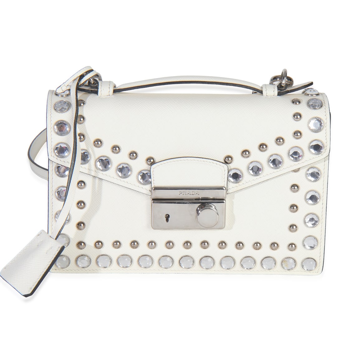 Prada Mini Sound White Leather Crossbody with Studded Detailing and Top Handle: Prada Mini Sound White Leather Crossbody with Studded Detailing and Top Handle This Prada Mini Sound Top Handle Crossbody Bag features white Saffiano leather with silver-tone studded details and hardw