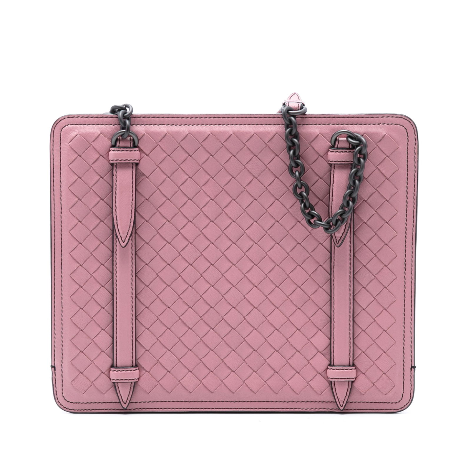 Bottega Veneta Pink Nappa Intrecciato Chain Shoulder Bag: Bottega Veneta Pink Nappa Intrecciato Chain Shoulder Bag Elevate your accessory collection with the Bottega Veneta Nappa Intrecciato Chain Shoulder Bag. This exquisite shoulder bag showcases a beautif