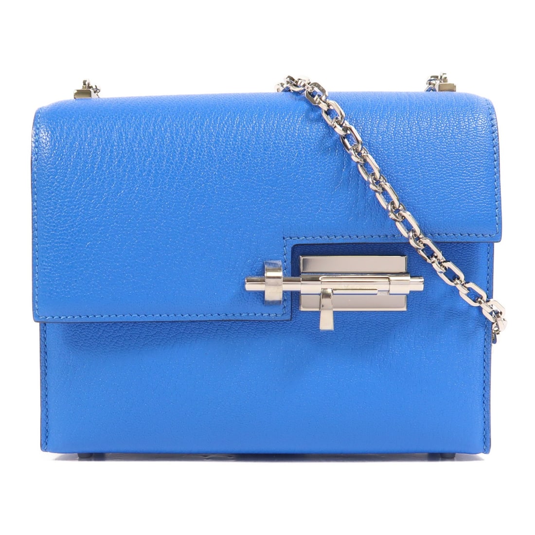 Bleu Hydra Chevre Leather Verrou Mini Shoulder Bag by Hermes with Palladium Hardware: Bleu Hydra Chevre Leather Verrou Mini Shoulder Bag by Hermes with Palladium Hardware This Hermes Verrou Mini shoulder bag is crafted from Chevre leather in a striking blue hue. The bag features a comp