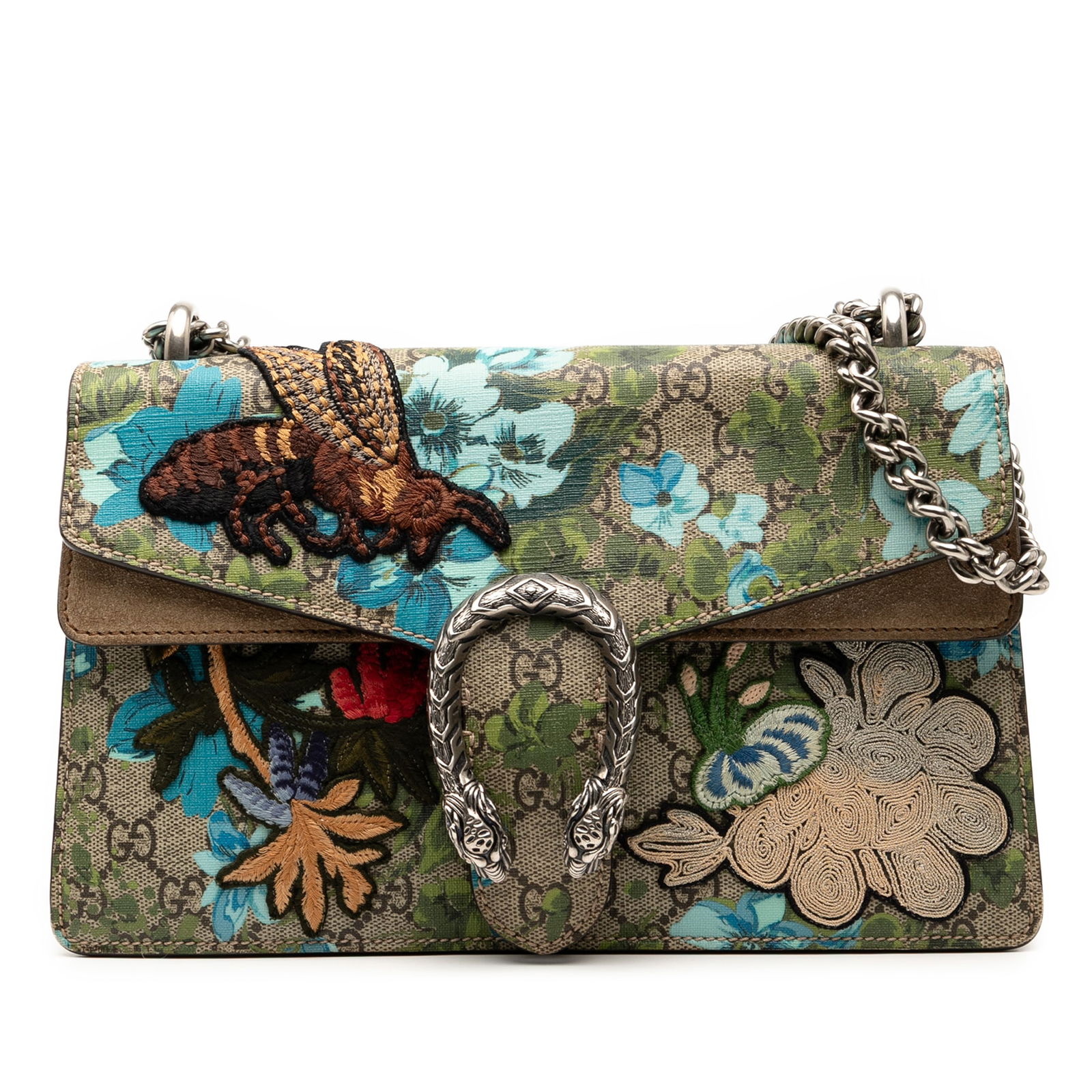Gucci Dionysus Medium GG Supreme Blooms Bee Canvas Chain Shoulder Bag: Gucci Dionysus Medium GG Supreme Blooms Bee Canvas Chain Shoulder Bag This Gucci Medium GG Supreme Blooms and Bee Dionysus Shoulder Bag features an embroidered coated canvas body with a distinctive fl