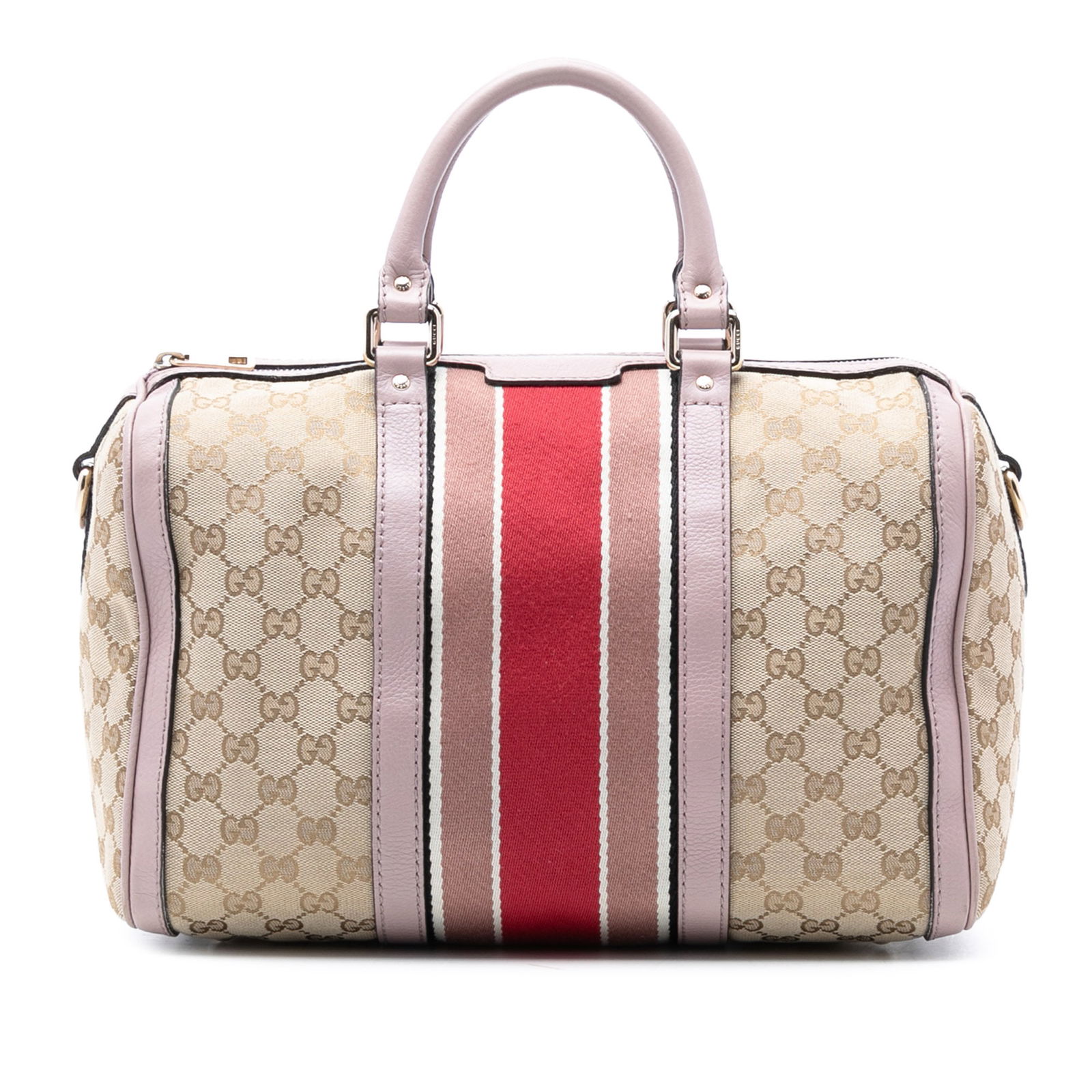 Medium Web Joy Boston Satchel in GG Canvas with Leather Trim by Gucci: Medium Web Joy Boston Satchel in GG Canvas with Leather Trim by Gucci This Gucci Medium GG Canvas Web Joy Boston Bag features a brown canvas body complemented by leather trim and rolled leather handle