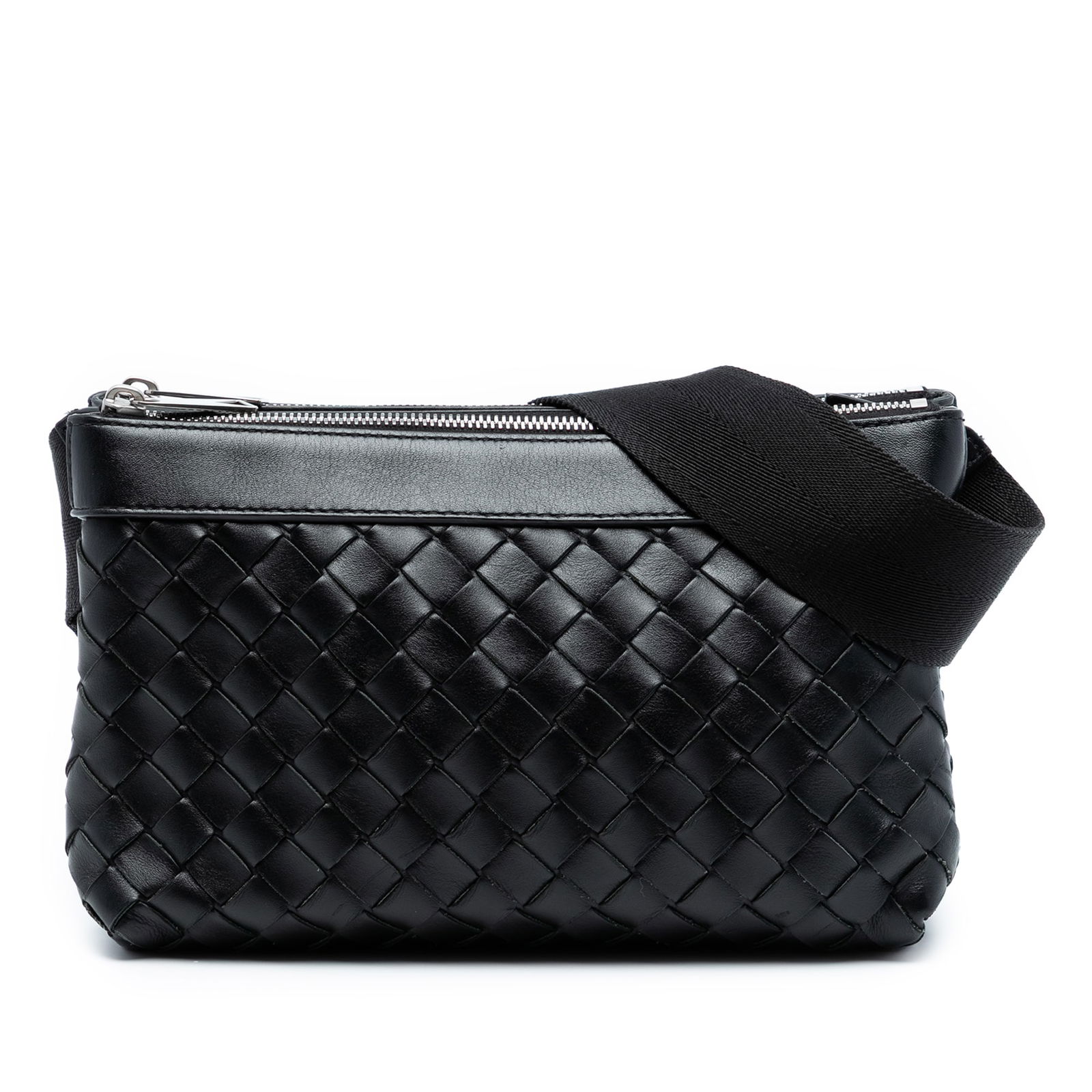 Bottega Veneta Black Leather Intrecciato Duo Crossbody Bag: Bottega Veneta Black Leather Intrecciato Duo Crossbody Bag Introducing the Bottega Veneta Leather Intrecciato Duo Crossbody, a sophisticated and stylish accessory crafted from premium woven leather. T