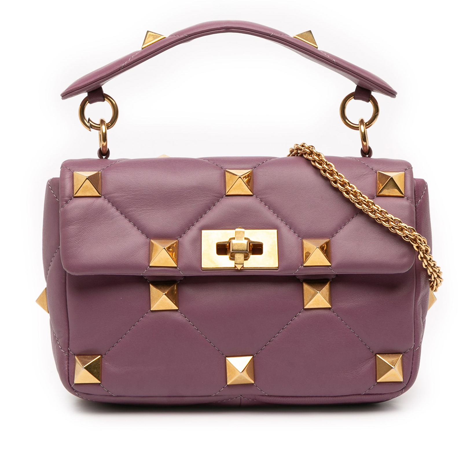 Valentino Roman Stud Medium Purple Nappa Leather Satchel with Chain Strap: Valentino Roman Stud Medium Purple Nappa Leather Satchel with Chain Strap This Valentino Medium Nappa Roman Stud Satchel is crafted in quilted nappa leather and features signature stud embellishments.