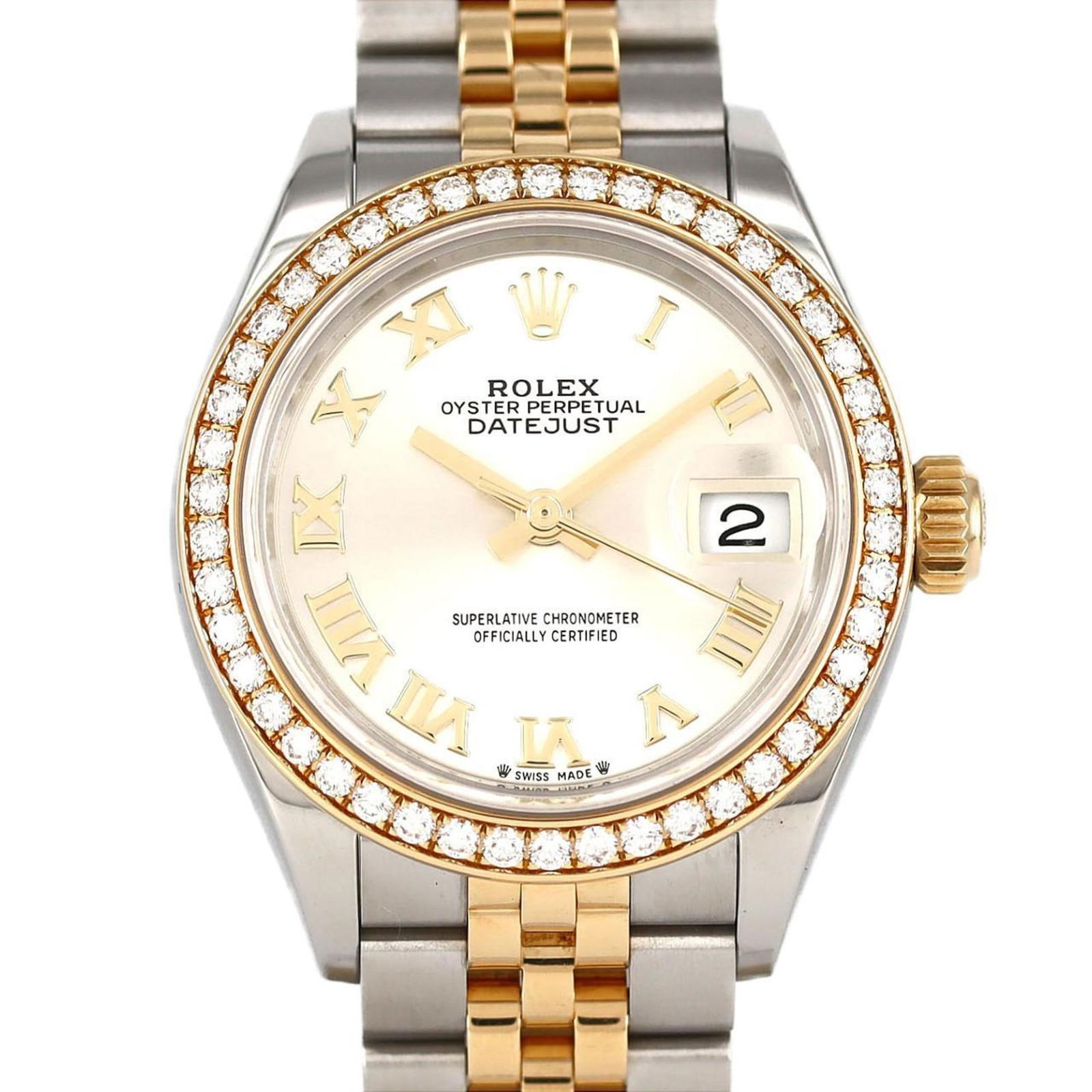Gold and Steel Rolex 28mm Lady DateJust Swiss Watch: Gold and Steel Rolex 28mm Lady DateJust Swiss Watch This is a Rolex Lady DateJust 28mm watch designed for women, featuring a combination of gold and steel with a silver color. The watch has undergone