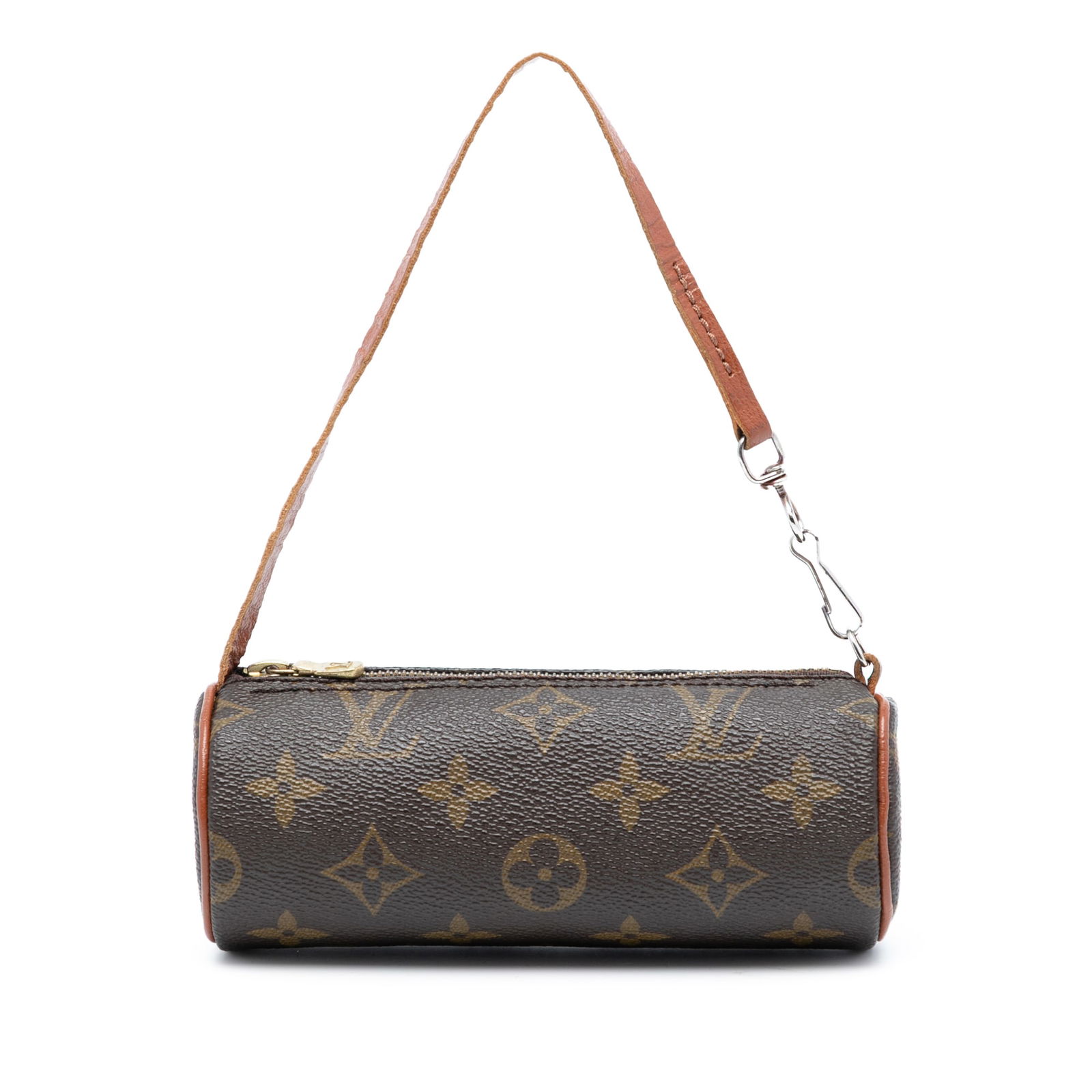 Louis Vuitton Papillon Pochette Bag in Monogram Canvas with Leather Strap: Louis Vuitton Papillon Pochette Bag in Monogram Canvas with Leather Strap This Louis Vuitton Monogram Papillon Pochette showcases the iconic monogram canvas with a flat leather strap and a top zip clo