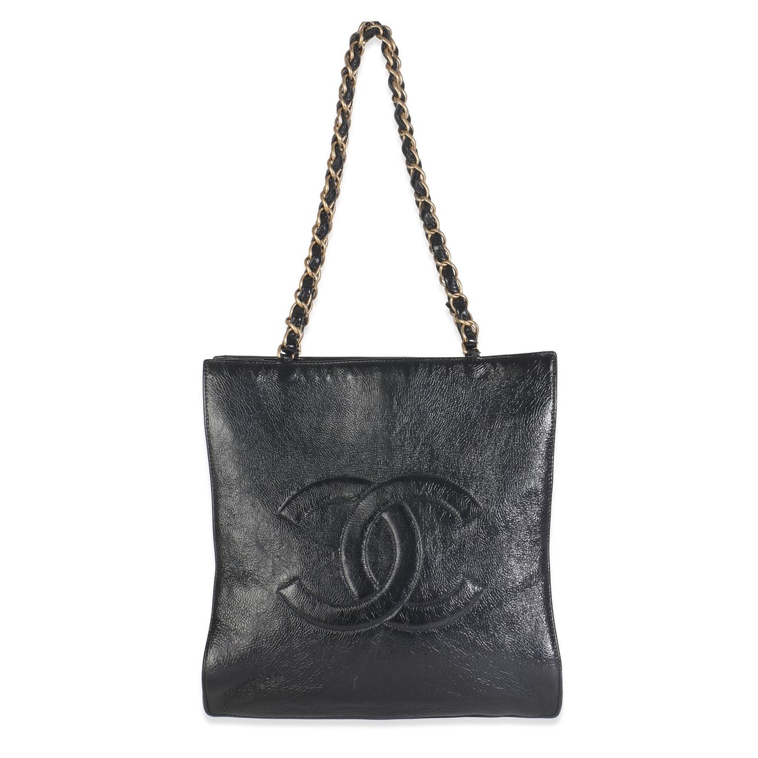 Chanel North South Black Leather Shoulder Bag with Gold Tone Hardware: Chanel North South Black Leather Shoulder Bag with Gold Tone Hardware This Chanel North South Shopping Bag is crafted from black shiny aged calfskin leather and features a magnetic snap closure. The b