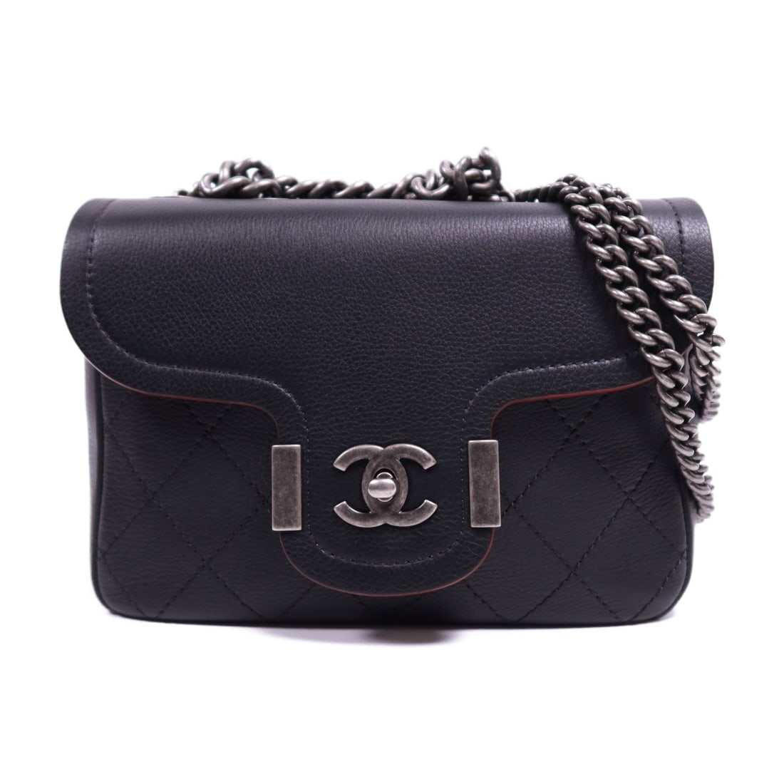 CHANEL Black Calfskin Leather Chain Shoulder Bag with Silver Hardware: CHANEL Black Calfskin Leather Chain Shoulder Bag with Silver Hardware This exquisite CHANEL Shoulder Bag is crafted from premium black calfskin leather, offering both elegance and durability. With a s