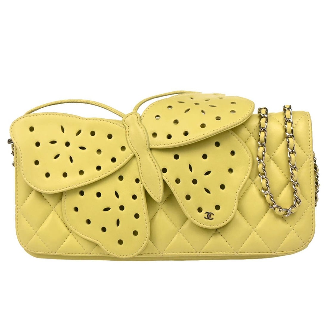 Chanel Lime Green Lambskin Single Chain Shoulder Bag: Chanel Lime Green Lambskin Single Chain Shoulder Bag This Chanel Lime Green Lambskin Butterfly Shoulder Bag is a stunning accessory perfect for casual occasions. Crafted from luxurious lambskin leathe
