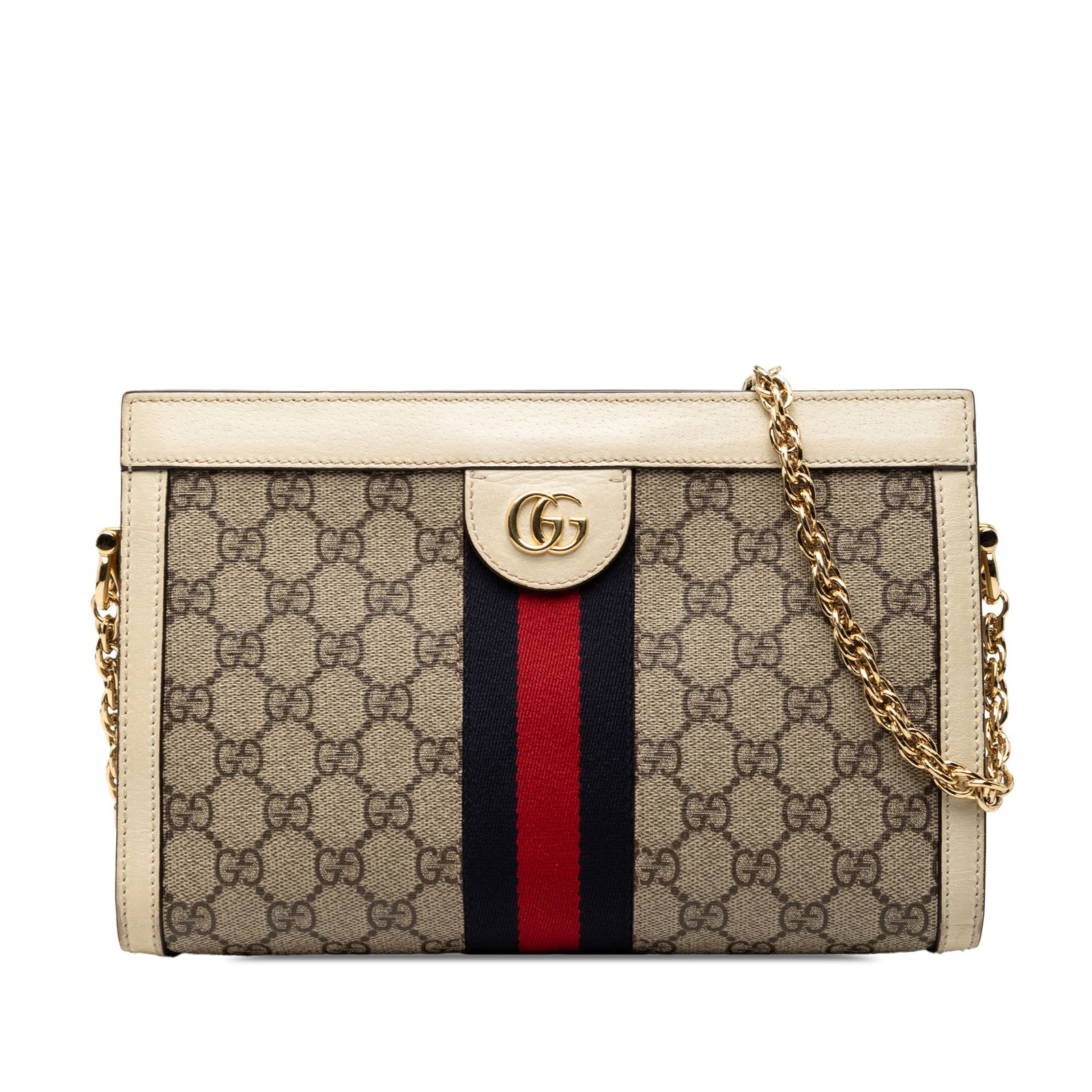 Ophidia Chain Crossbody Bag in Small GG Supreme Canvas by Gucci: Ophidia Chain Crossbody Bag in Small GG Supreme Canvas by Gucci This Gucci Small GG Supreme Web Ophidia chain crossbody bag features a coated canvas body with leather trim, a gold-tone chain strap, a