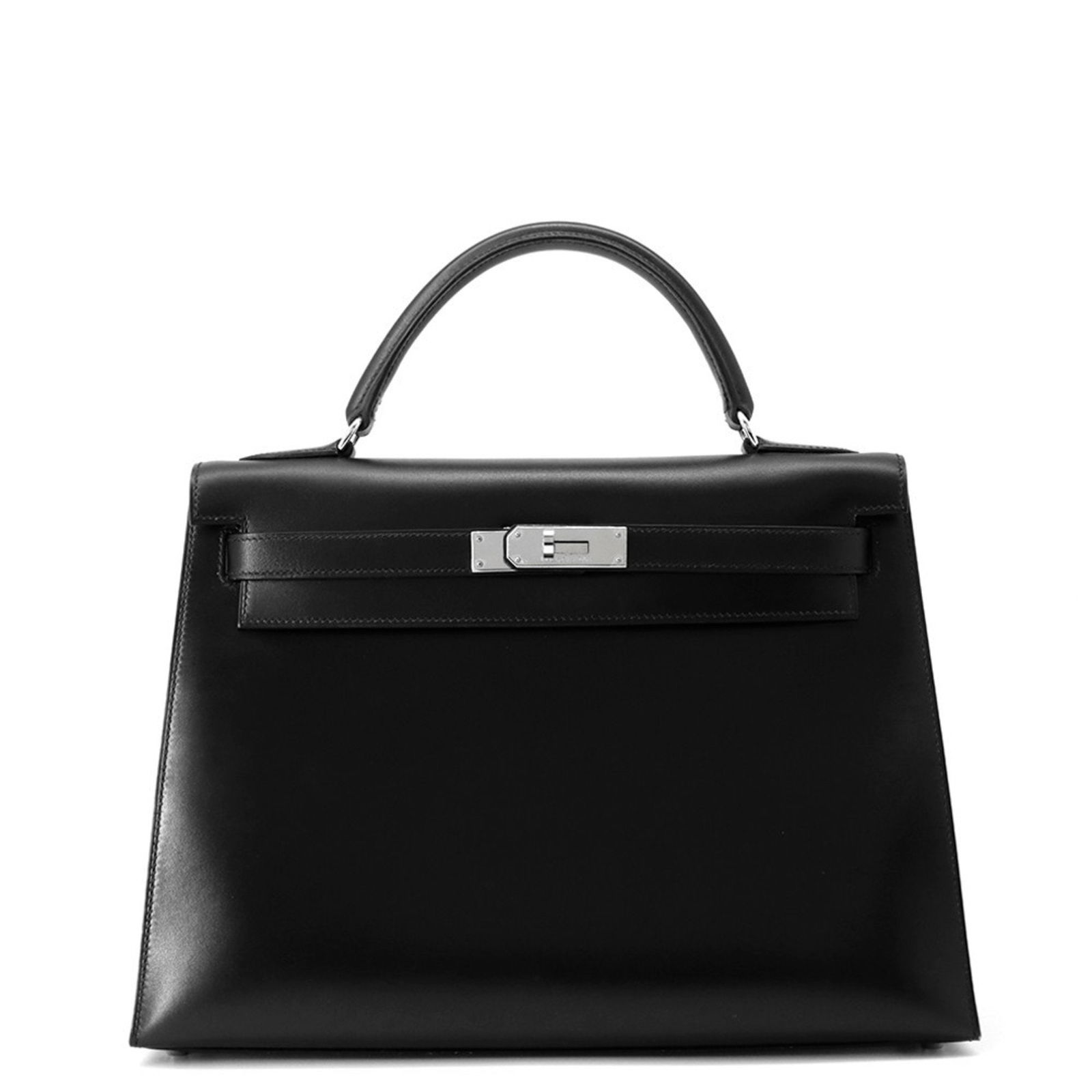Black Leather Kelly 32 Handbag by Hermes France: Black Leather Kelly 32 Handbag by Hermes France The Hermes Kelly 32 is a timeless handbag crafted from black leather, designed for women. This classic piece features a structured silhouette with dimen