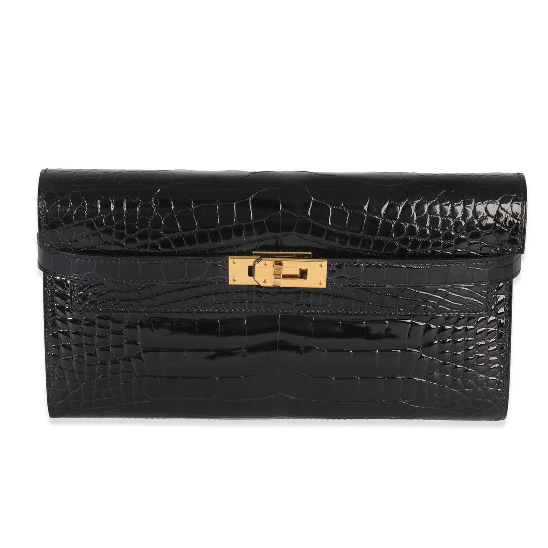 Hermes Kelly Longue Wallet Black Alligator with Gold Tone Hardware: Hermes Kelly Longue Wallet Black Alligator with Gold Tone Hardware This Hermes Kelly Longue Wallet features a sleek black shiny alligator exterior with a gold-tone turnlock closure. The wallet is line