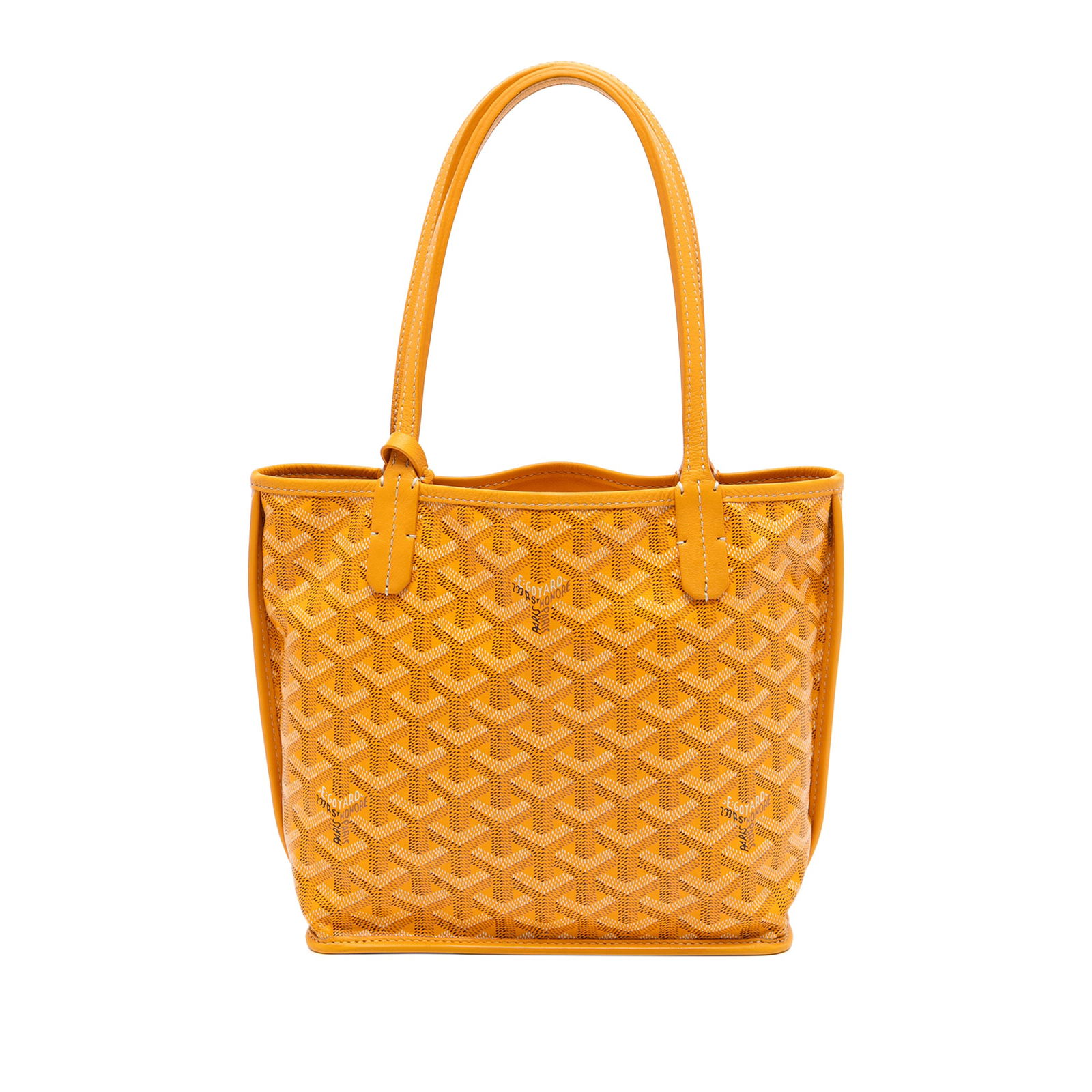 Goyard Mini Anjou Yellow Reversible Tote with Pouch: Goyard Mini Anjou Yellow Reversible Tote with Pouch This Mini Anjou Tote bag features a reversible design crafted from coated canvas and leather. It is detailed with flat leather handles, an open top