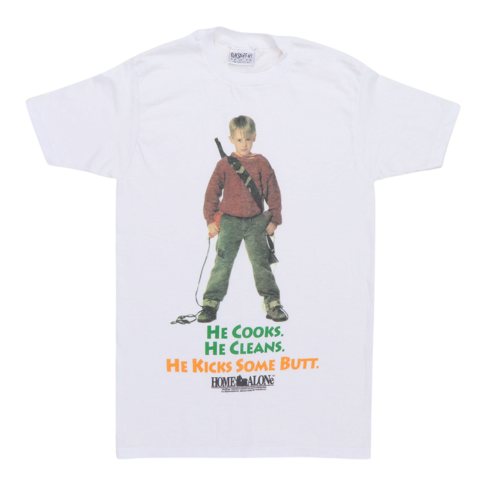 Vintage 1991 Home Alone Film Promotional White Poly Cotton T Shirt: Vintage 1991 Home Alone Film Promotional White Poly Cotton T Shirt This is an original vintage 1991 Home Alone movie promotional shirt. It is a true vintage piece from the 1990s, not a modern reproduc