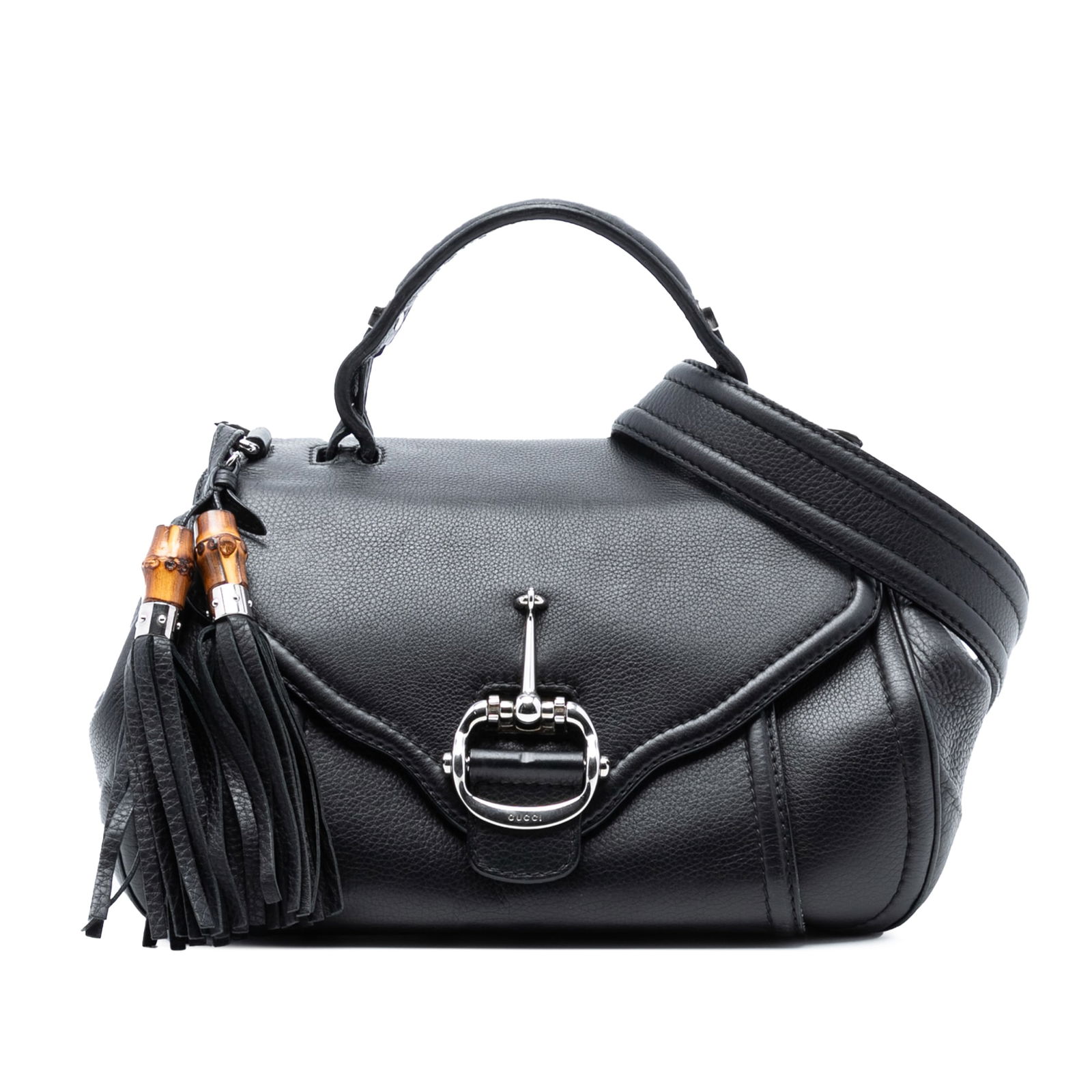 Gucci Techno Horsebit Black Leather Satchel with Top Handle and Strap: Gucci Techno Horsebit Black Leather Satchel with Top Handle and Strap This Gucci Leather Techno Horsebit Top Handle Bag features a black leather body with a structured silhouette. It is designed with