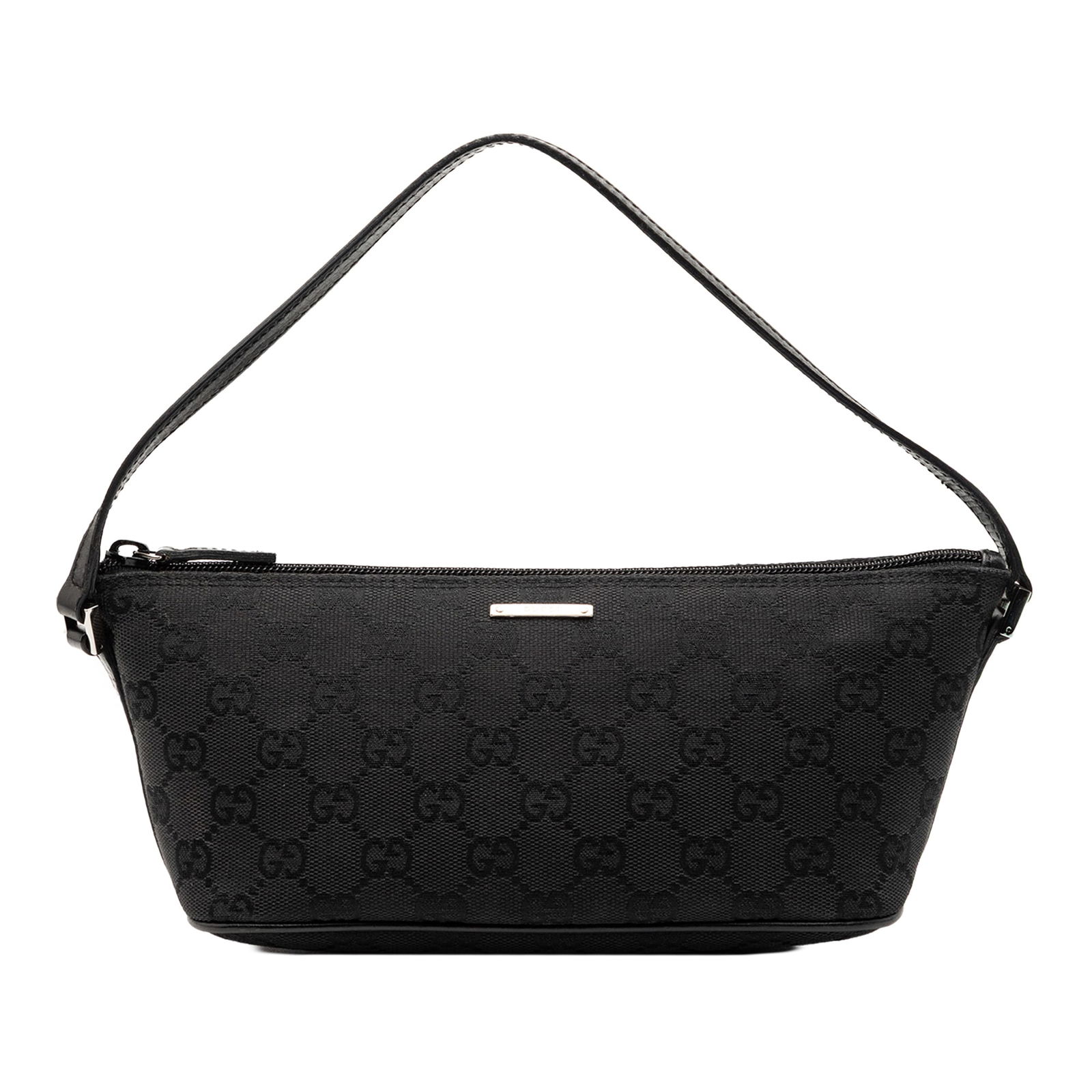 Gucci GG Canvas Boat Shoulder Bag with Leather Trim Black: Gucci GG Canvas Boat Shoulder Bag with Leather Trim Black This Gucci GG Canvas Boat shoulder bag features a canvas body with leather trim, a flat leather strap, and a top zip closure. The bag is craft