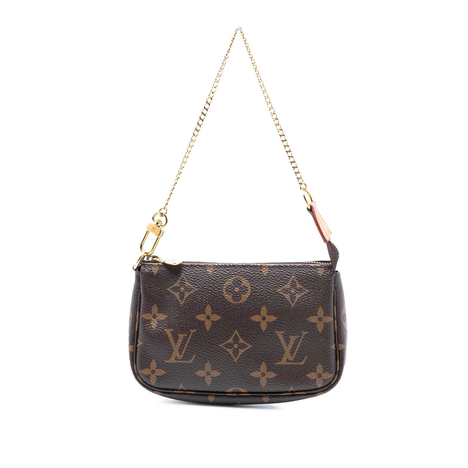 Brown Monogram Canvas Mini Pochette with Gold Chain by Louis Vuitton: Brown Monogram Canvas Mini Pochette with Gold Chain by Louis Vuitton This Louis Vuitton Mini Pochette Accessoires features the iconic monogram canvas, a gold-tone chain strap, and a top zip closure. T