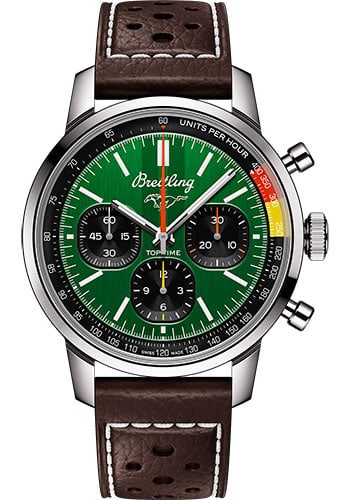 Top Time Ref AB01762A1L1X1 Green Dial Watch with Leather Strap and Card: Top Time Ref AB01762A1L1X1 Green Dial Watch with Leather Strap and Card This Breitling Top Time watch features a striking green dial and is paired with a leather strap. The watch is identified by refe