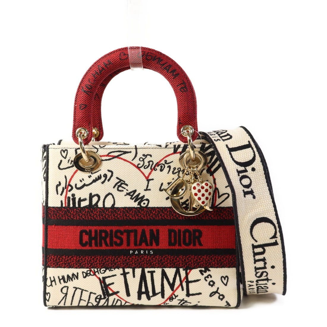 Christian Dior Lady Dior Medium 2 Way Shoulder Bag White Red Canvas GHW: Christian Dior Lady Dior Medium 2 Way Shoulder Bag White Red Canvas GHW Introducing the Christian Dior CD Lady Dior Medium 2 Way Shoulder Bag, a stunning blend of style and functionality. Crafted from