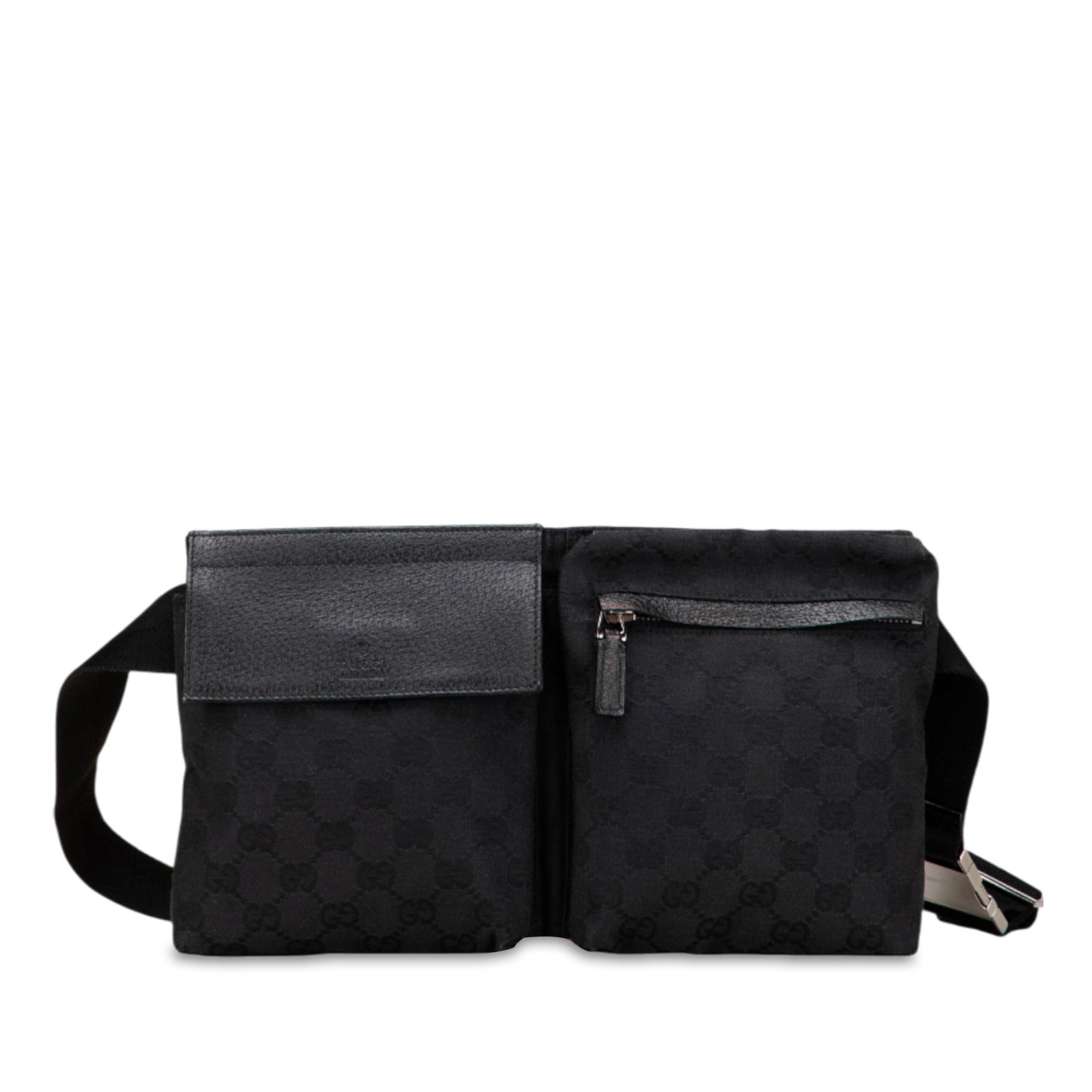 Gucci GG Canvas Double Pocket Belt Bag Black Fabric Italy: Gucci GG Canvas Double Pocket Belt Bag Black Fabric Italy The Gucci GG Canvas Double Pocket Belt Bag is a stylish and functional accessory crafted from durable canvas. It features a unique design with