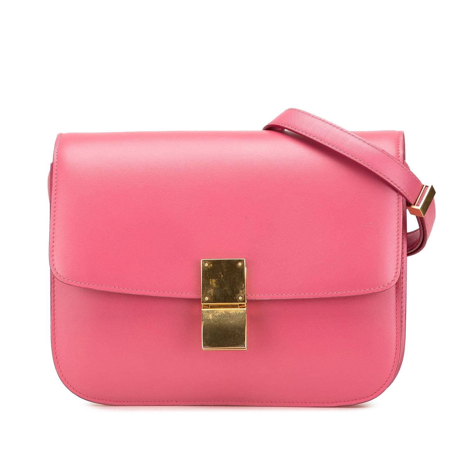 Celine Medium Calfskin Classic Box Pink Leather Crossbody Bag: Celine Medium Calfskin Classic Box Pink Leather Crossbody Bag Elevate your accessory collection with the Celine Medium Calfskin Classic Box crossbody bag. This elegant leather handbag showcases a vibr