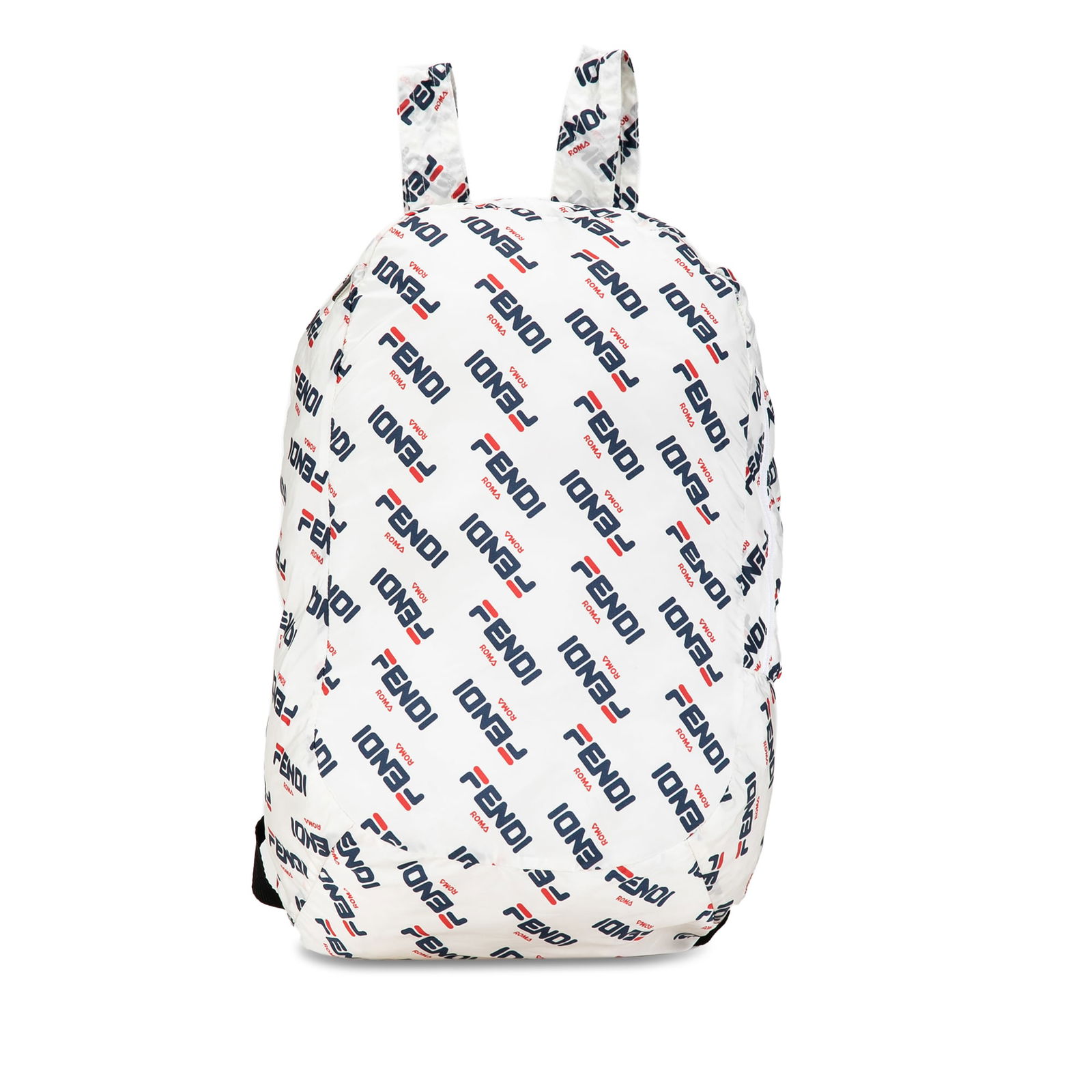 Fendi x Fila Mania Packable White Nylon Backpack: Fendi x Fila Mania Packable White Nylon Backpack The Fendi x Fila Mania Packable Backpack combines style and functionality, featuring a durable printed nylon body. This backpack is designed for comfor