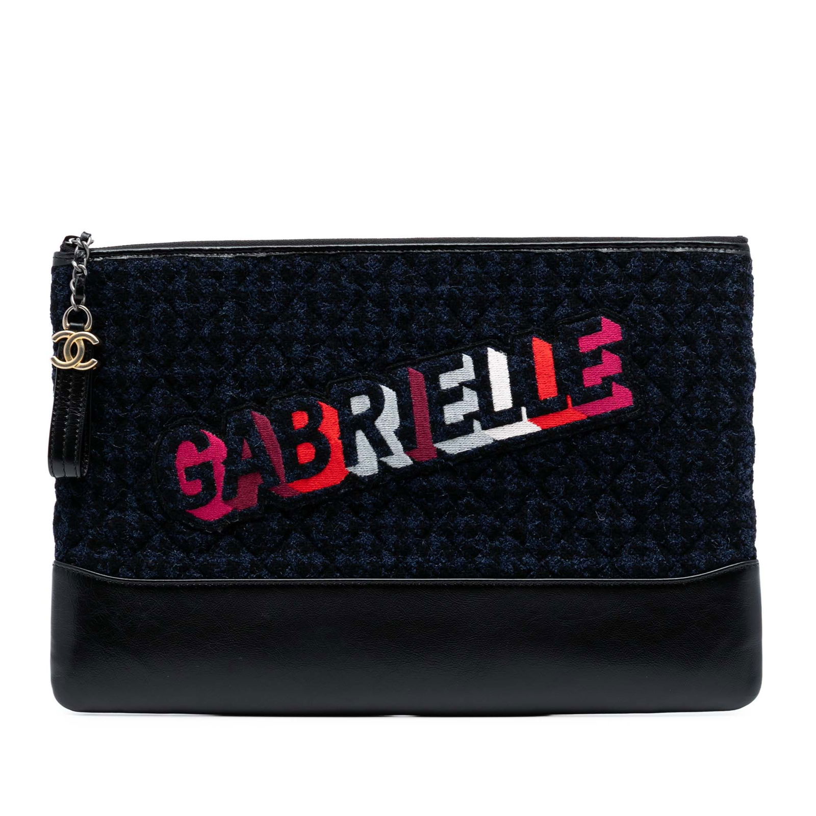 Chanel Large Blue Embroidered Tweed Calfskin Gabrielle O Clutch: Chanel Large Blue Embroidered Tweed Calfskin Gabrielle O Clutch Elevate your accessory collection with the Chanel Large Tweed and Calfskin Embroidered Gabrielle O Case Clutch. This stunning clutch sho