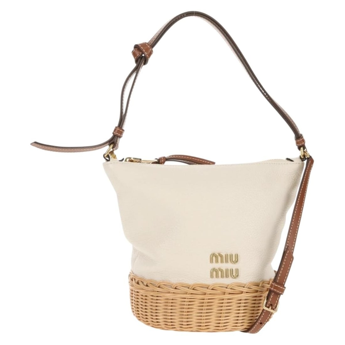 Miu Miu Raffia Shoulder Bag White Gold Authentic 129783M: Miu Miu Raffia Shoulder Bag White Gold Authentic 129783M This Miu Miu shoulder bag beautifully combines elegance with practicality. Crafted in Italy, it features a chic design with a white canvas exte