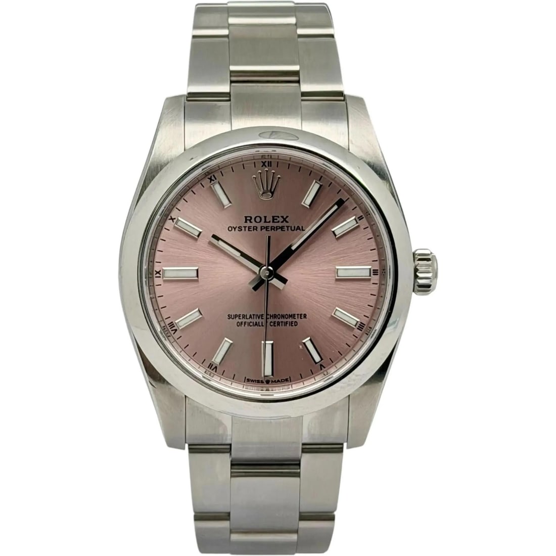 Rolex Oyster Perpetual 124200 Steel 34mm Pink Dial Automatic Watch: Rolex Oyster Perpetual 124200 Steel 34mm Pink Dial Automatic Watch This Rolex Oyster Perpetual 34mm wristwatch features a stainless steel case and bracelet with a polished finish. It has a pink dial w