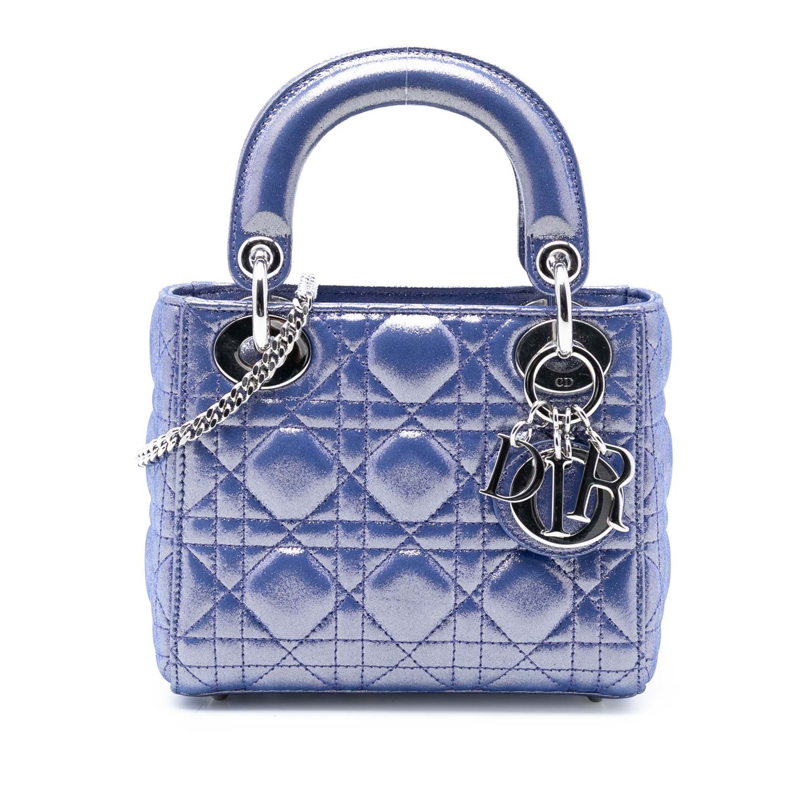 Dior Lady Dior Mini Blue Iridescent Lambskin Cannage Bag with Chain Strap: Dior Lady Dior Mini Blue Iridescent Lambskin Cannage Bag with Chain Strap This Mini Lady Dior bag features an iridescent quilted lambskin leather body in blue, complemented by flat leather top handles