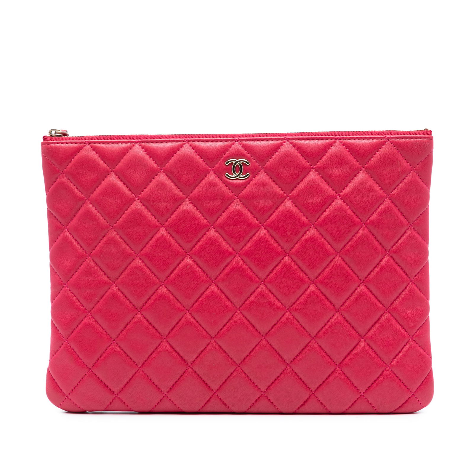 Pink Chanel O Case Quilted Lambskin Medium Clutch Bag: Pink Chanel O Case Quilted Lambskin Medium Clutch Bag This Chanel Medium Quilted Lambskin O Case Clutch features a pink quilted lambskin leather exterior, a top zip closure, an exterior slip pocket, a