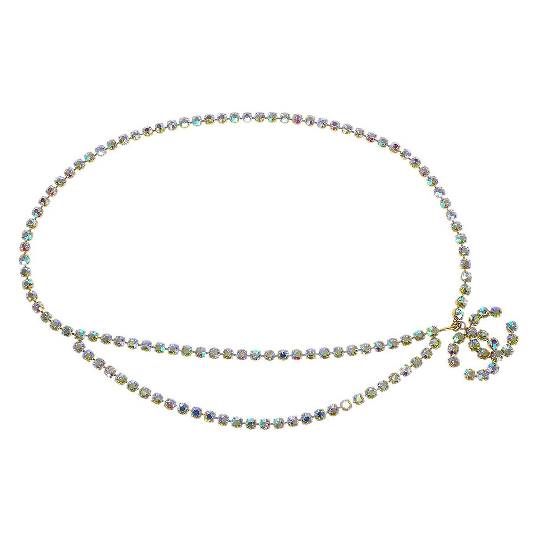 Chanel 95P Adjustable Gold Plated Chain Belt with CC Rhinestone Accent: Chanel 95P Adjustable Gold Plated Chain Belt with CC Rhinestone Accent This Chanel chain belt features a gold-plated finish with rhinestone accents and the iconic CC logo. The adjustable design allows