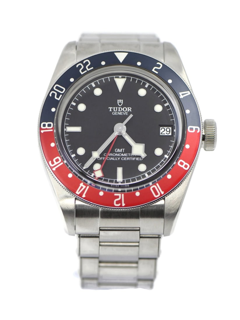 Tudor Black Bay GMT 79830RB Stainless Steel Automatic Watch with Box and Papers: Tudor Black Bay GMT 79830RB Stainless Steel Automatic Watch with Box and Papers This Tudor Black Bay GMT Pepsi wristwatch features a stainless steel case and band, with a black analog dial. The watch