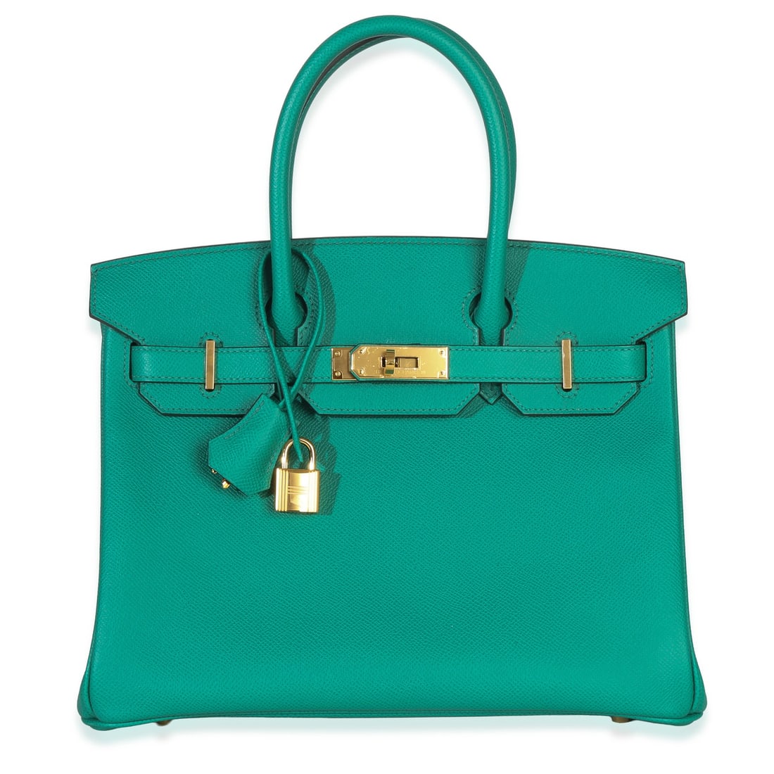 Birkin 30 Top Handle Bag in Green Epsom Leather with Gold Hardware: Birkin 30 Top Handle Bag in Green Epsom Leather with Gold Hardware This Hermes Birkin 30 handbag is crafted from Vert Jade Epsom leather and features gold-tone hardware with a turnlock closure. Design