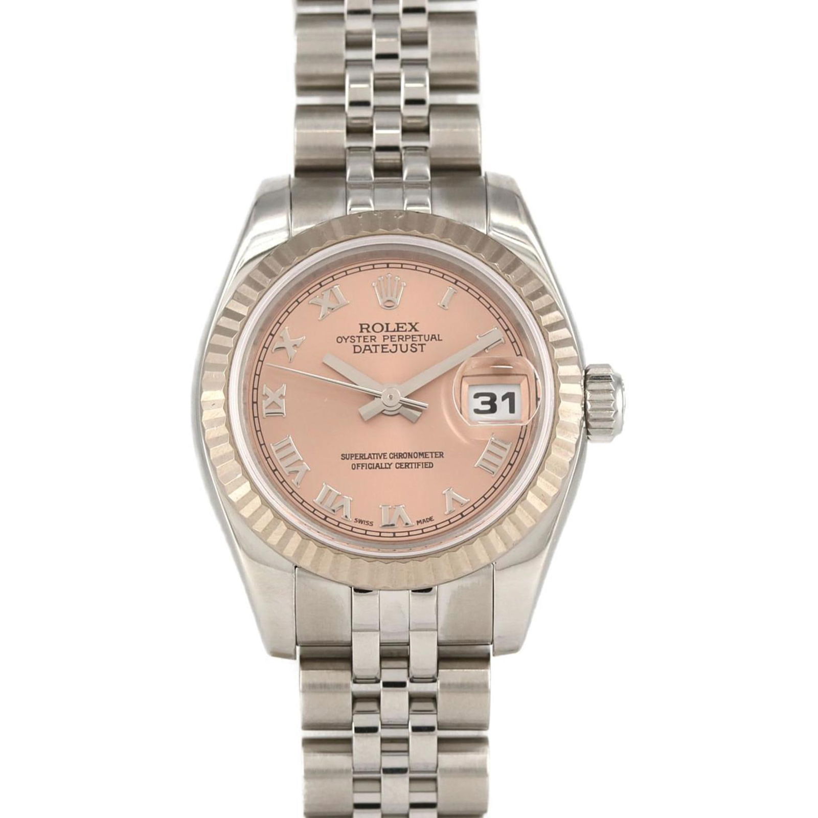 Steel Pink Dial Rolex Lady DateJust Watch 26mm: Steel Pink Dial Rolex Lady DateJust Watch 26mm This Rolex Lady DateJust 26mm wristwatch features a pink dial and a steel case, designed for women. The watch has a case diameter of 26mm and fits a wris