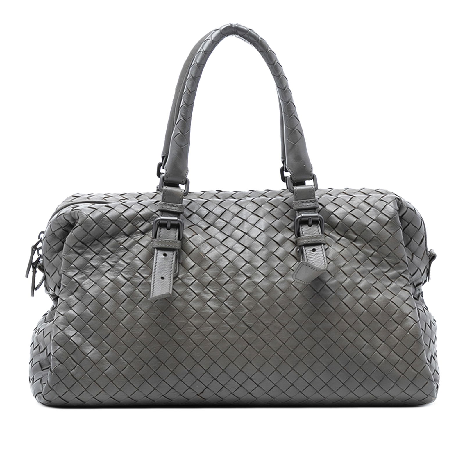 Bottega Veneta Nappa Intrecciato Gray Leather Boston Handbag: Bottega Veneta Nappa Intrecciato Gray Leather Boston Handbag This Bottega Veneta Nappa Intrecciato Boston Bag features a signature woven leather body in gray, complemented by rolled leather handles an