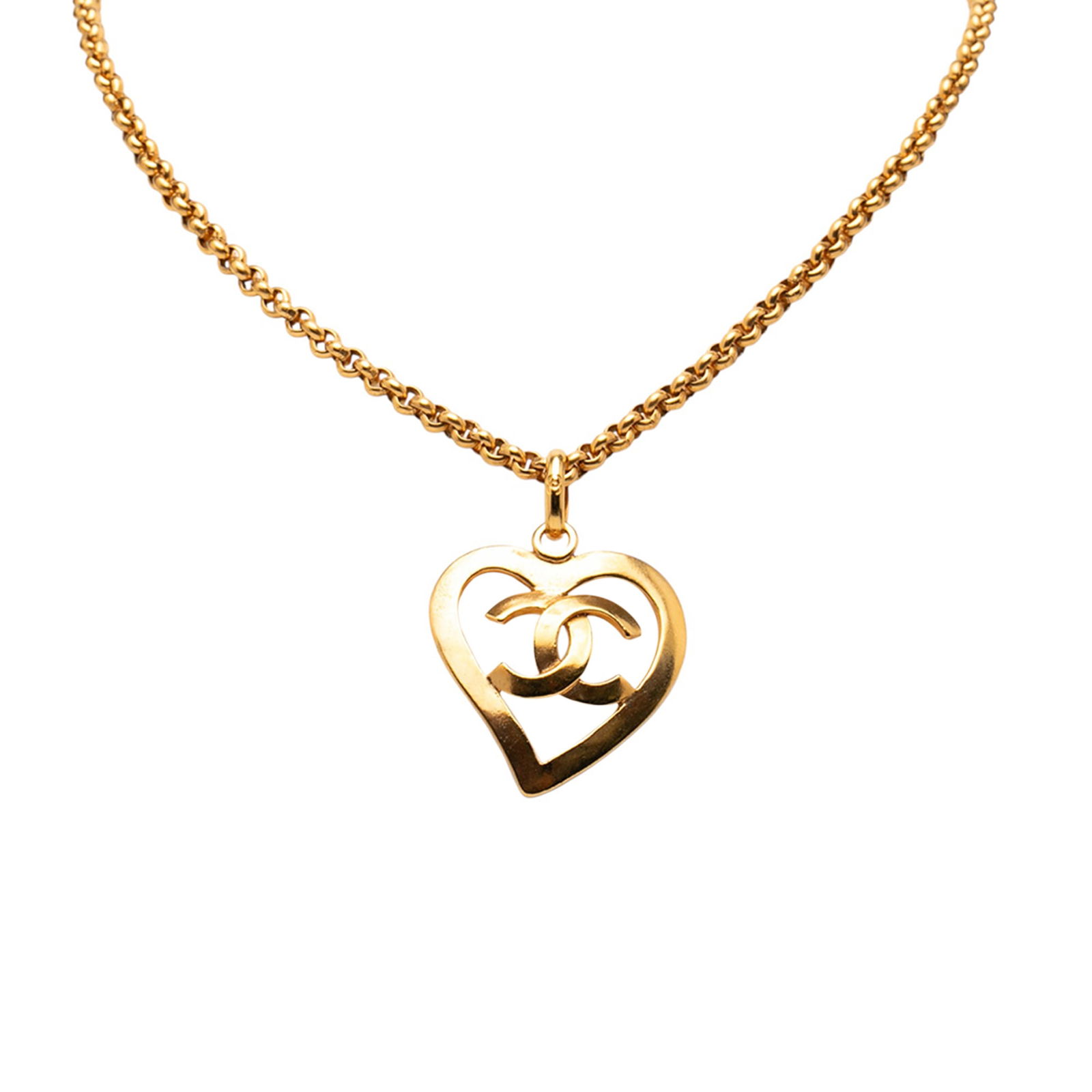 Chanel Heart Pendant Necklace with Gold Plated CC Logo: Chanel Heart Pendant Necklace with Gold Plated CC Logo This Chanel necklace features a gold-tone metal heart pendant with the iconic CC logo, suspended from a matching gold-tone chain with a spring ri