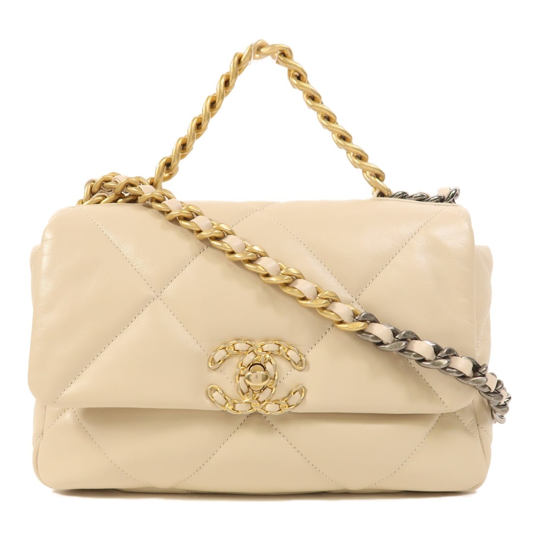 Beige Lambskin CHANEL Small C19 Convertible Shoulder Bag: Beige Lambskin CHANEL Small C19 Convertible Shoulder Bag This CHANEL CC C19 Small 2 Way Shoulder Bag is crafted from luxurious beige lambskin leather. Designed for versatility, it can be worn in multi