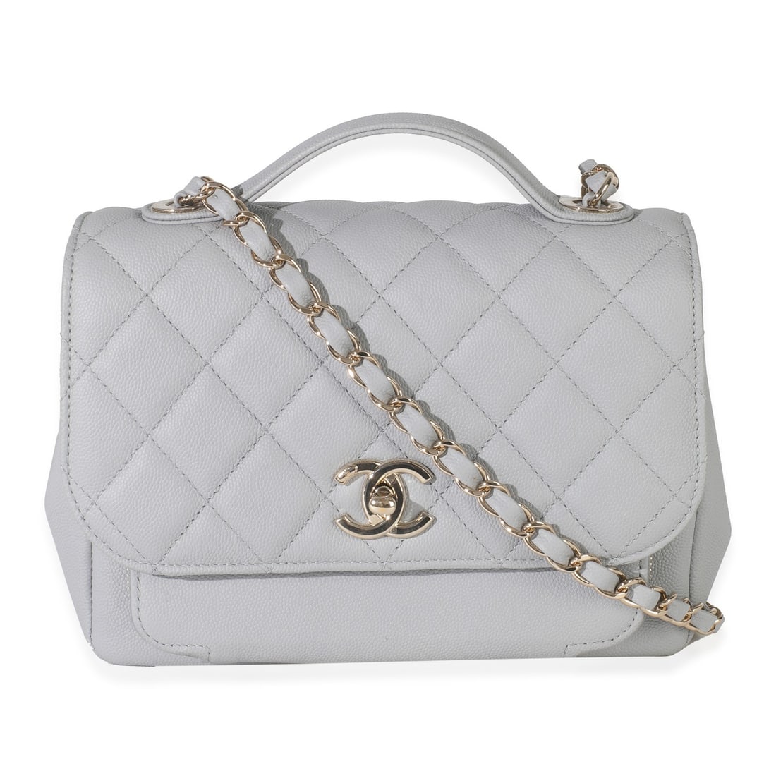 Chanel Small Business Affinity Grey Caviar Leather Flap Bag with Top Handle: Chanel Small Business Affinity Grey Caviar Leather Flap Bag with Top Handle This Chanel 20P Small Business Affinity handbag features a quilted caviar leather exterior in gray with a flap top and turnl