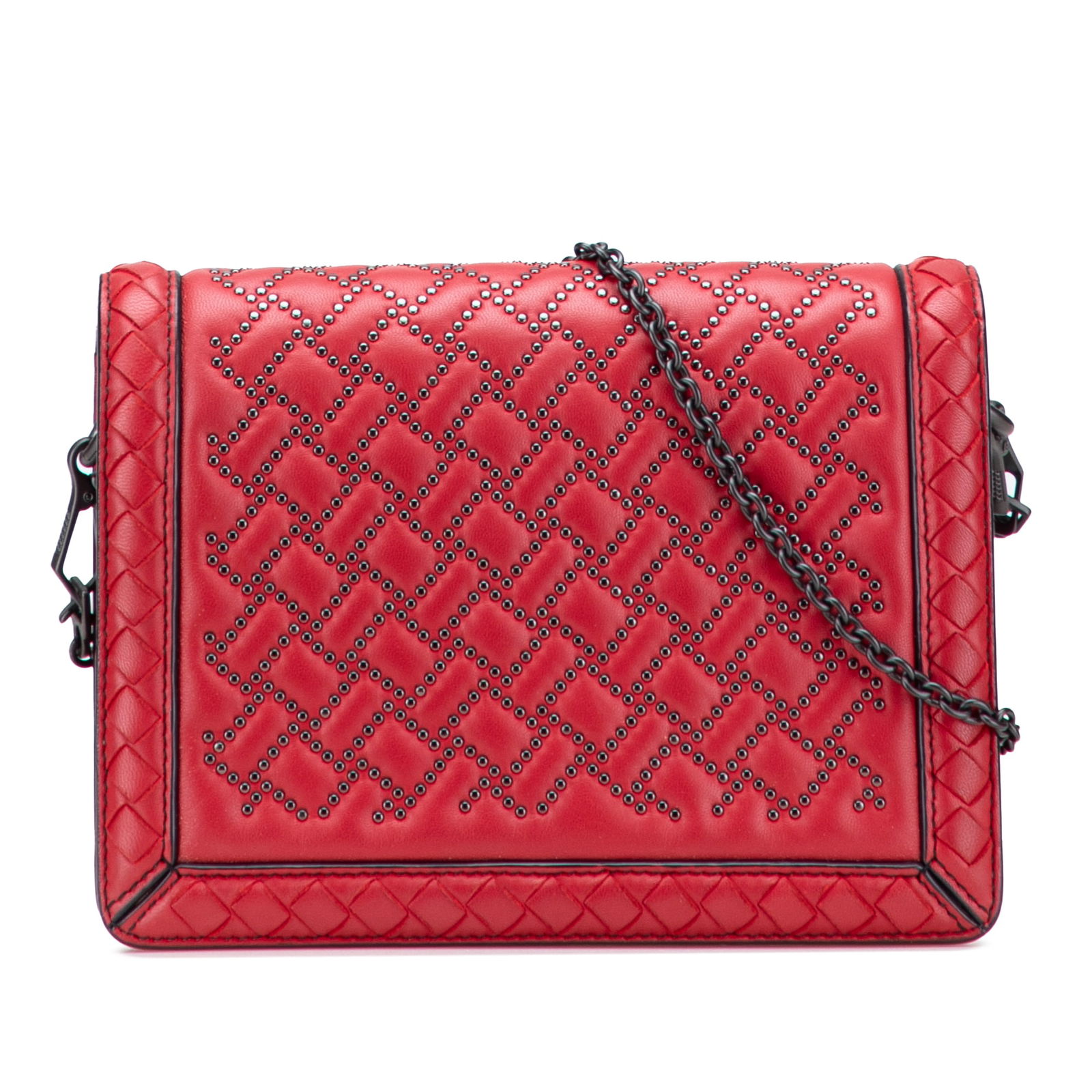 Bottega Veneta Red Nappa Intrecciato Microstud Montebello Crossbody Bag: Bottega Veneta Red Nappa Intrecciato Microstud Montebello Crossbody Bag Elevate your style with the Bottega Veneta Nappa Intrecciato Microstud Montebello Crossbody bag. This exquisite accessory is cra