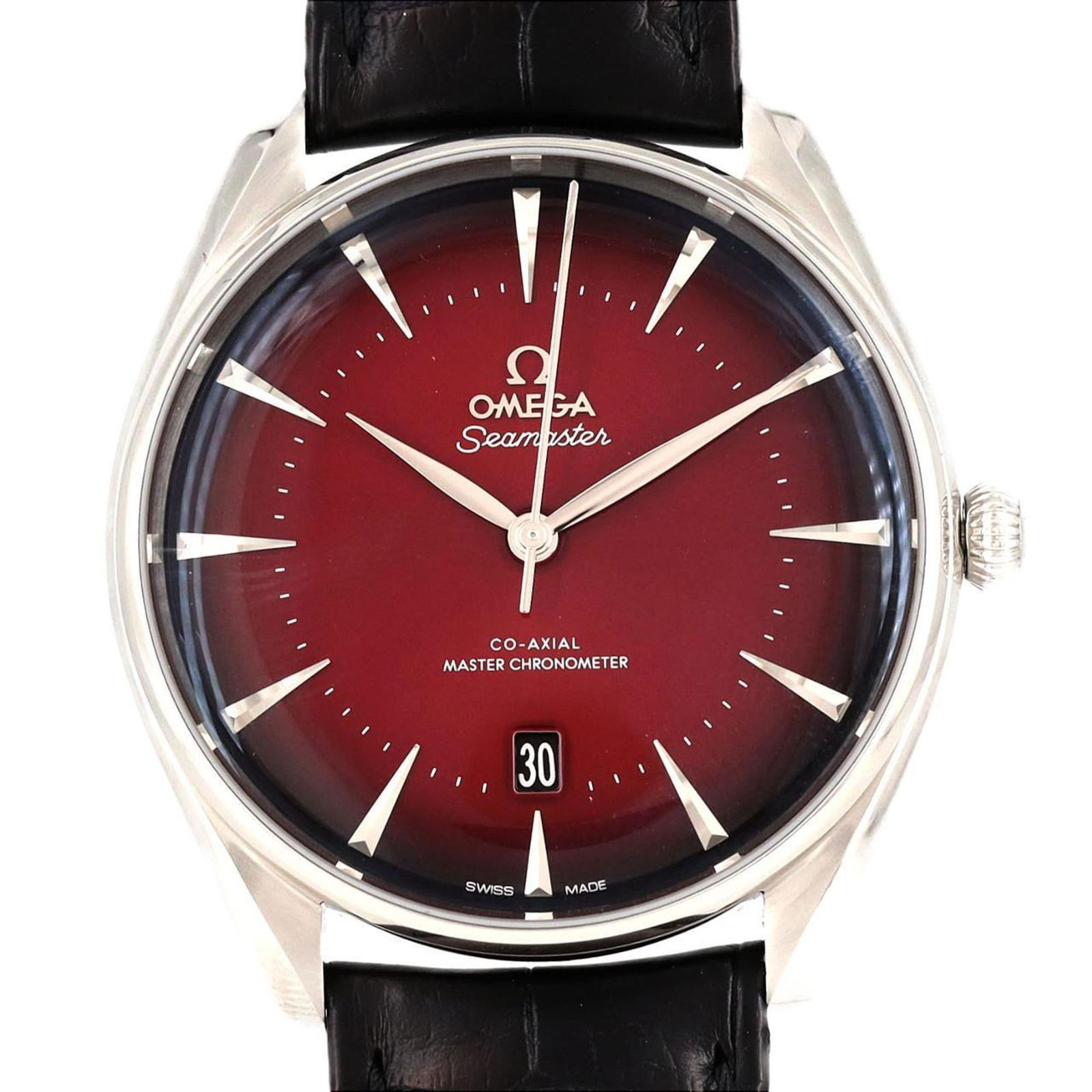 Steel Omega Seamaster Men's Watch with Red Dial 39.5mm: Steel Omega Seamaster Men's Watch with Red Dial 39.5mm This Omega Seamaster is a men's watch featuring a red dial and a stainless steel case and bracelet. The watch has a case diameter of 39.5mm and w