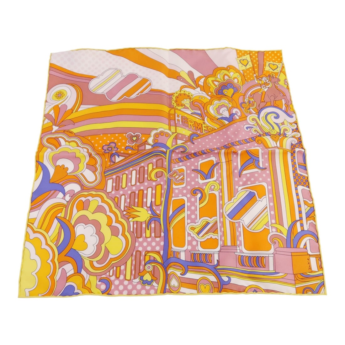 Hermes Silk Square Scarf 40x40 Orange Yellow Multicolor France: Hermes Silk Square Scarf 40x40 Orange Yellow Multicolor France This Hermes scarf is crafted from high-quality silk and features an orange, yellow, and multicolor design. Made in France, it is in prist