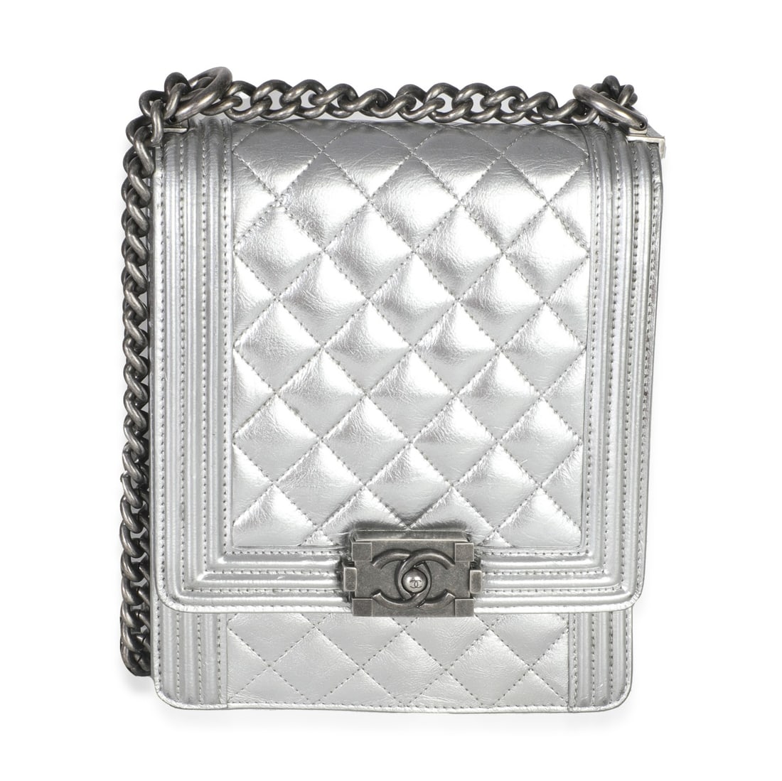 Chanel North South Boy Silver Quilted Goatskin Leather Crossbody Bag (1 of 10)